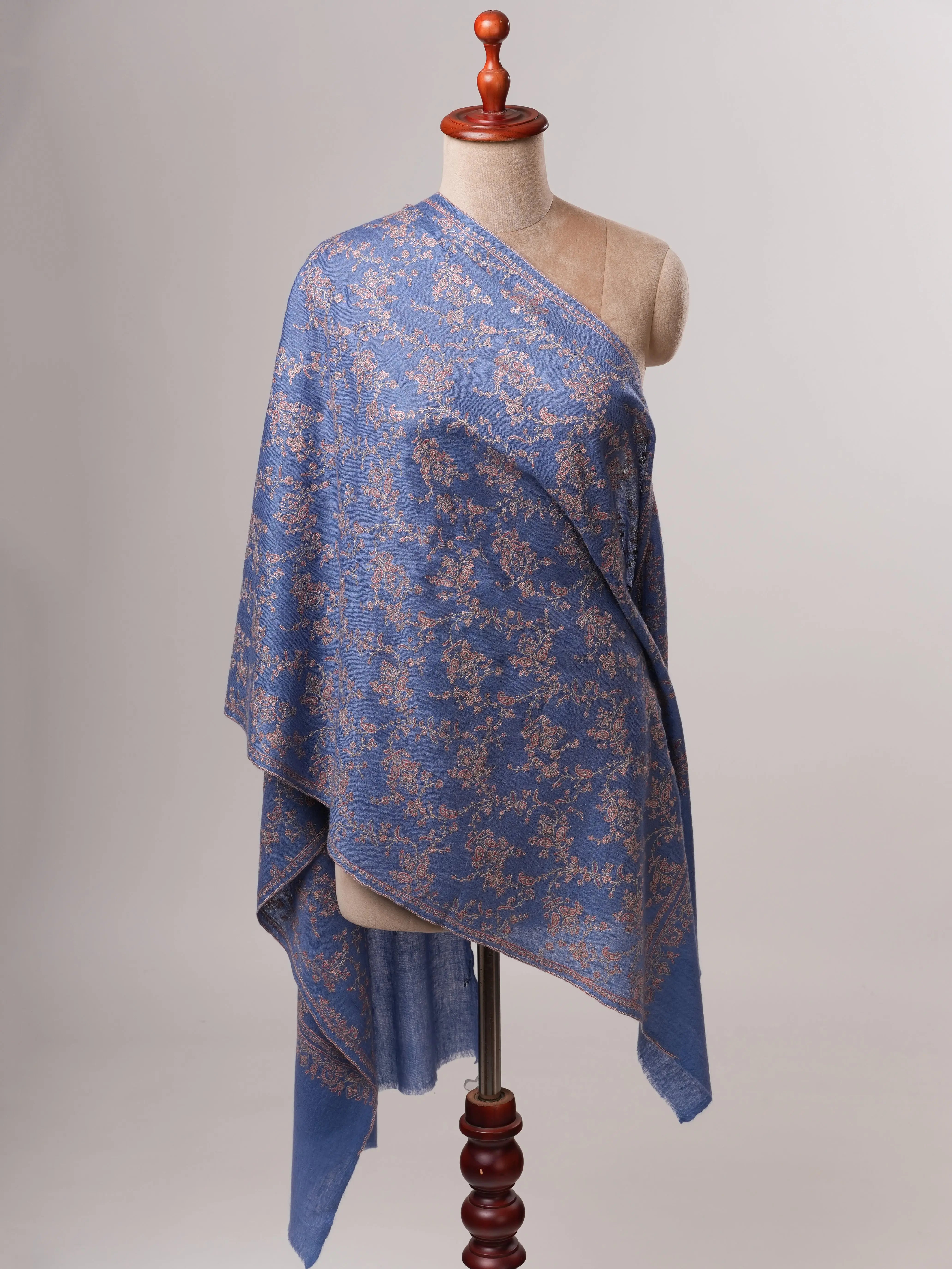 Artisan Blue Cashmere Scarf Featuring Intricate All-Over Embroidery Shahkaar
