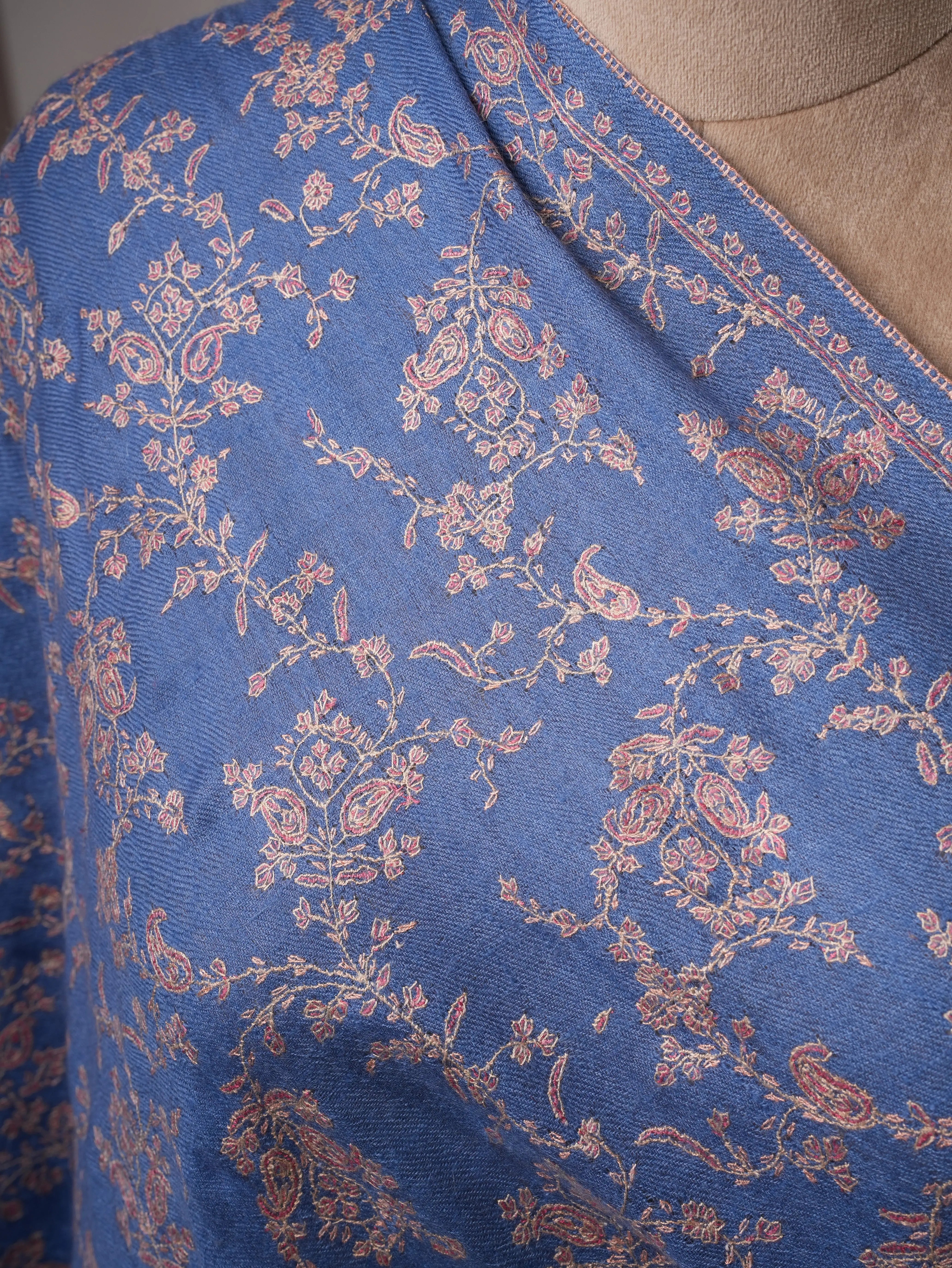 Artisan Blue Cashmere Scarf Featuring Intricate All-Over Embroidery Shahkaar
