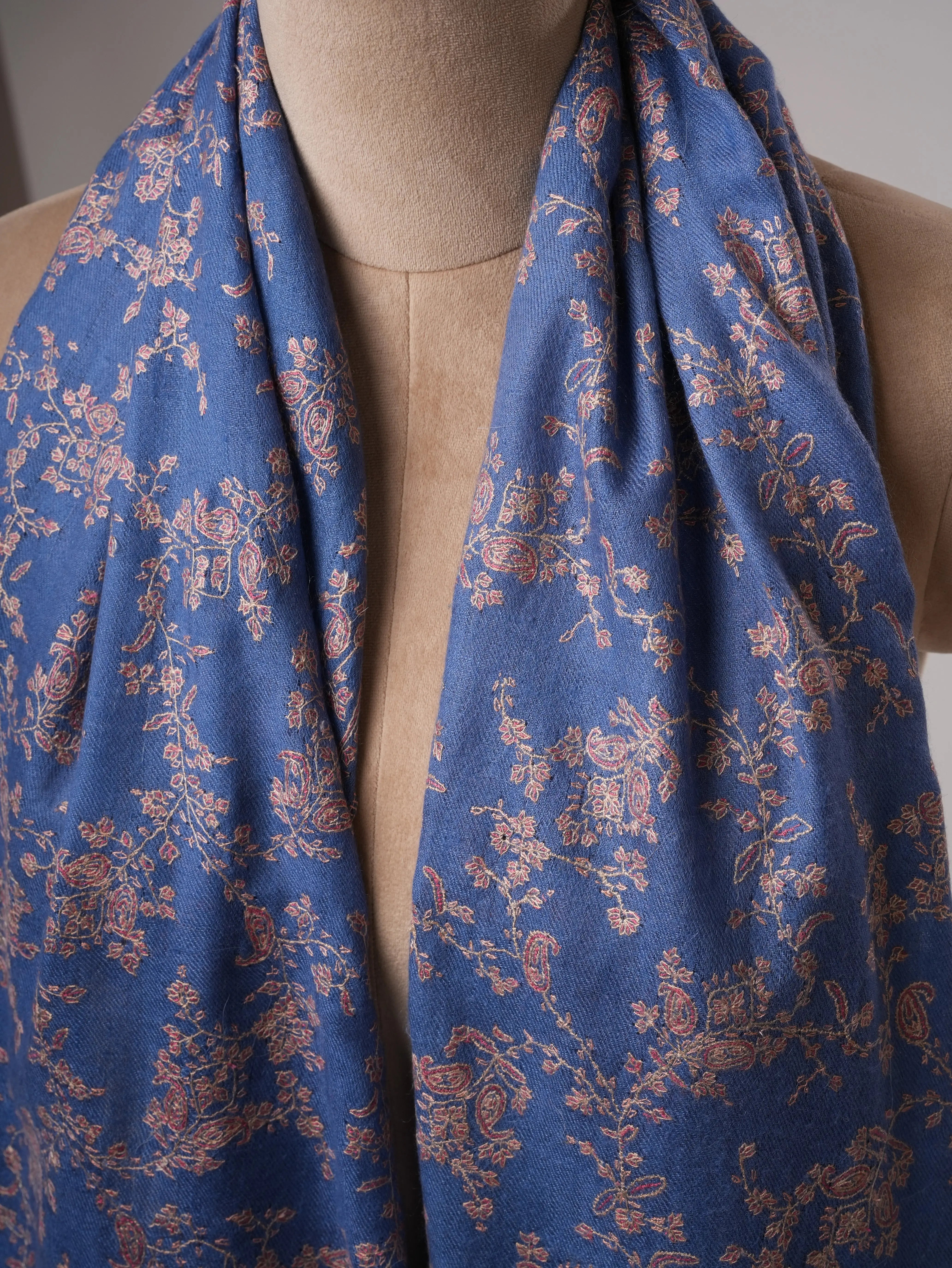 Artisan Blue Cashmere Scarf Featuring Intricate All-Over Embroidery Shahkaar