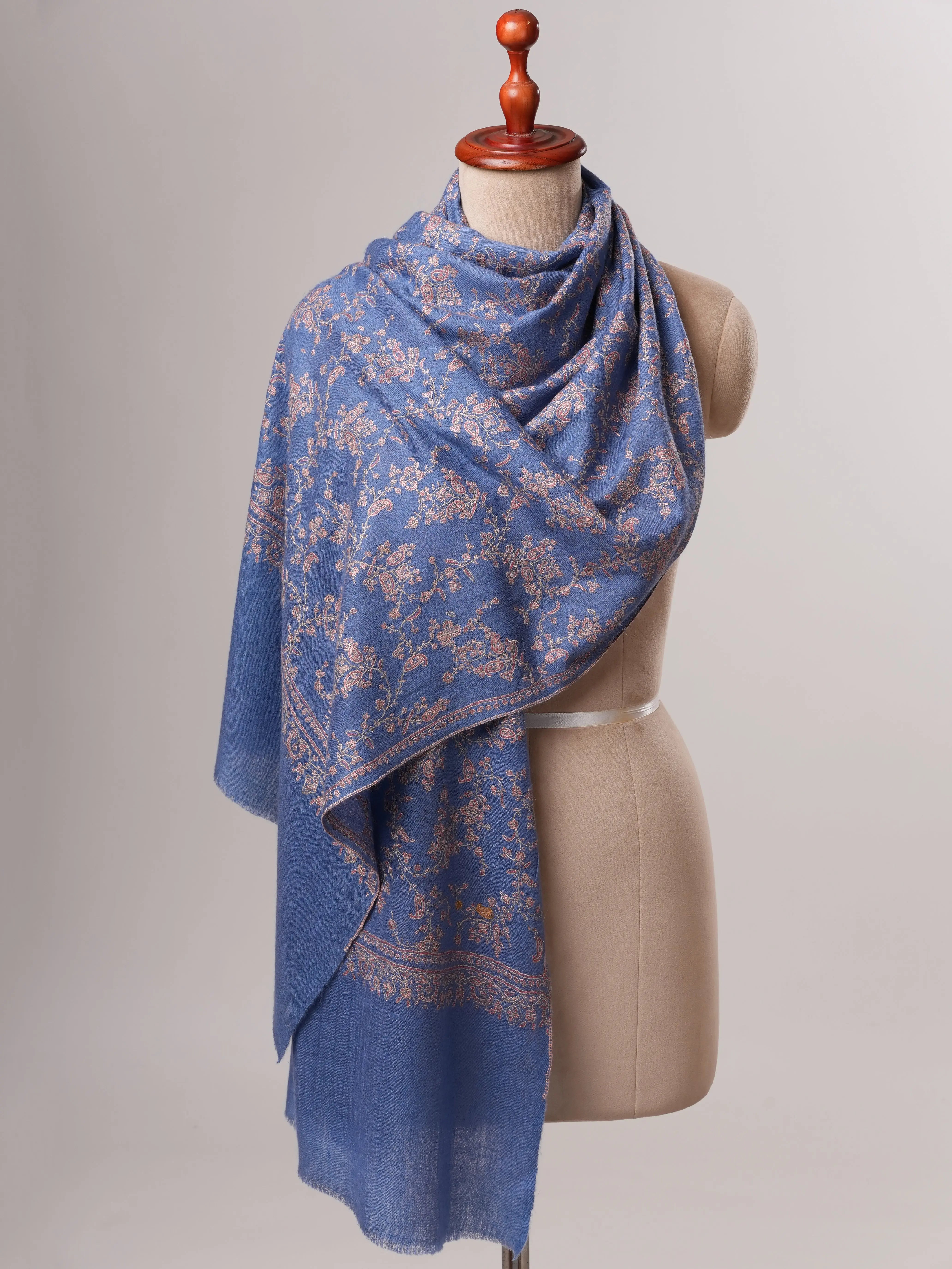 Artisan Blue Cashmere Scarf Featuring Intricate All-Over Embroidery Shahkaar