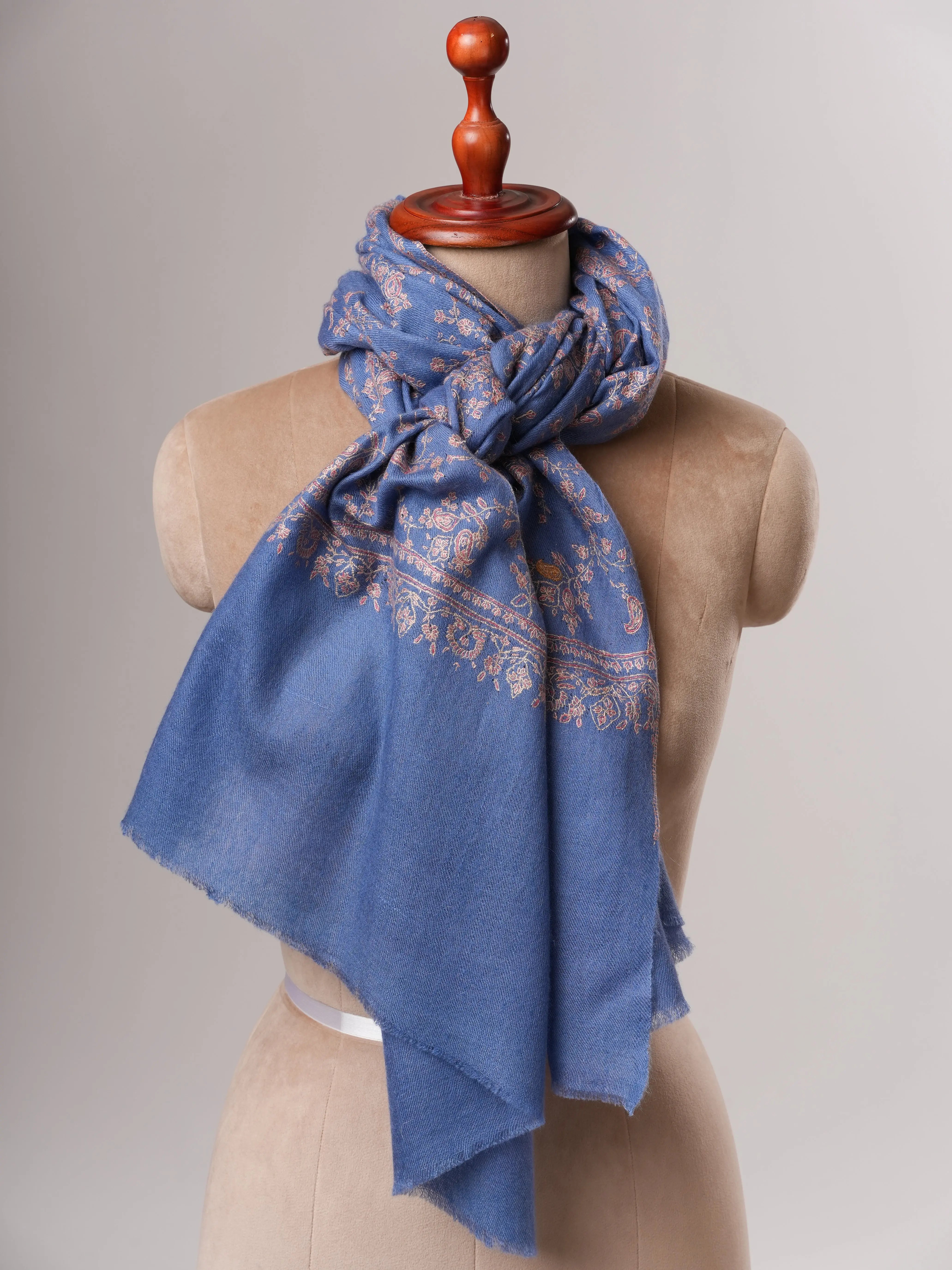 Artisan Blue Cashmere Scarf Featuring Intricate All-Over Embroidery Shahkaar