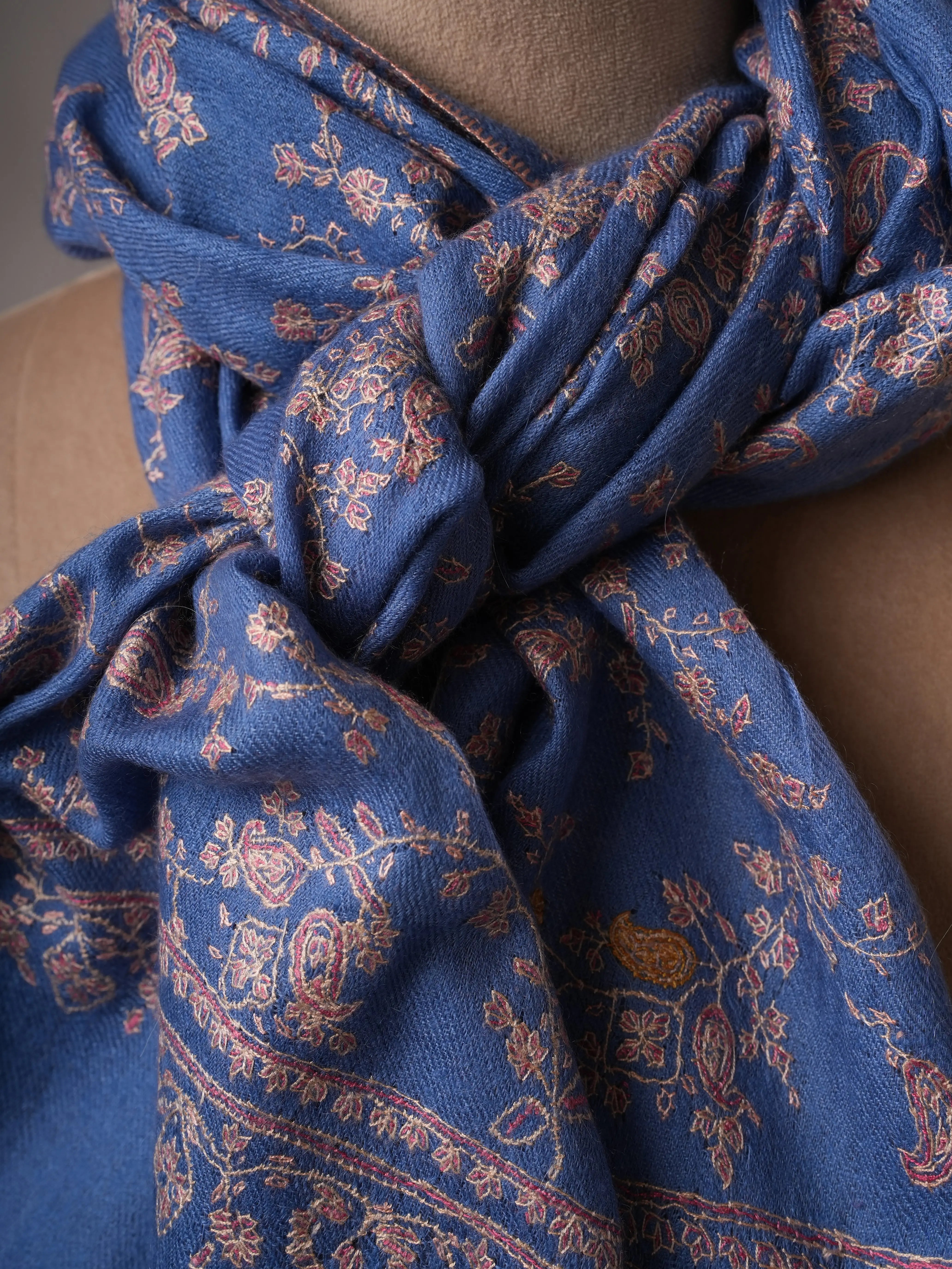 Artisan Blue Cashmere Scarf Featuring Intricate All-Over Embroidery Shahkaar