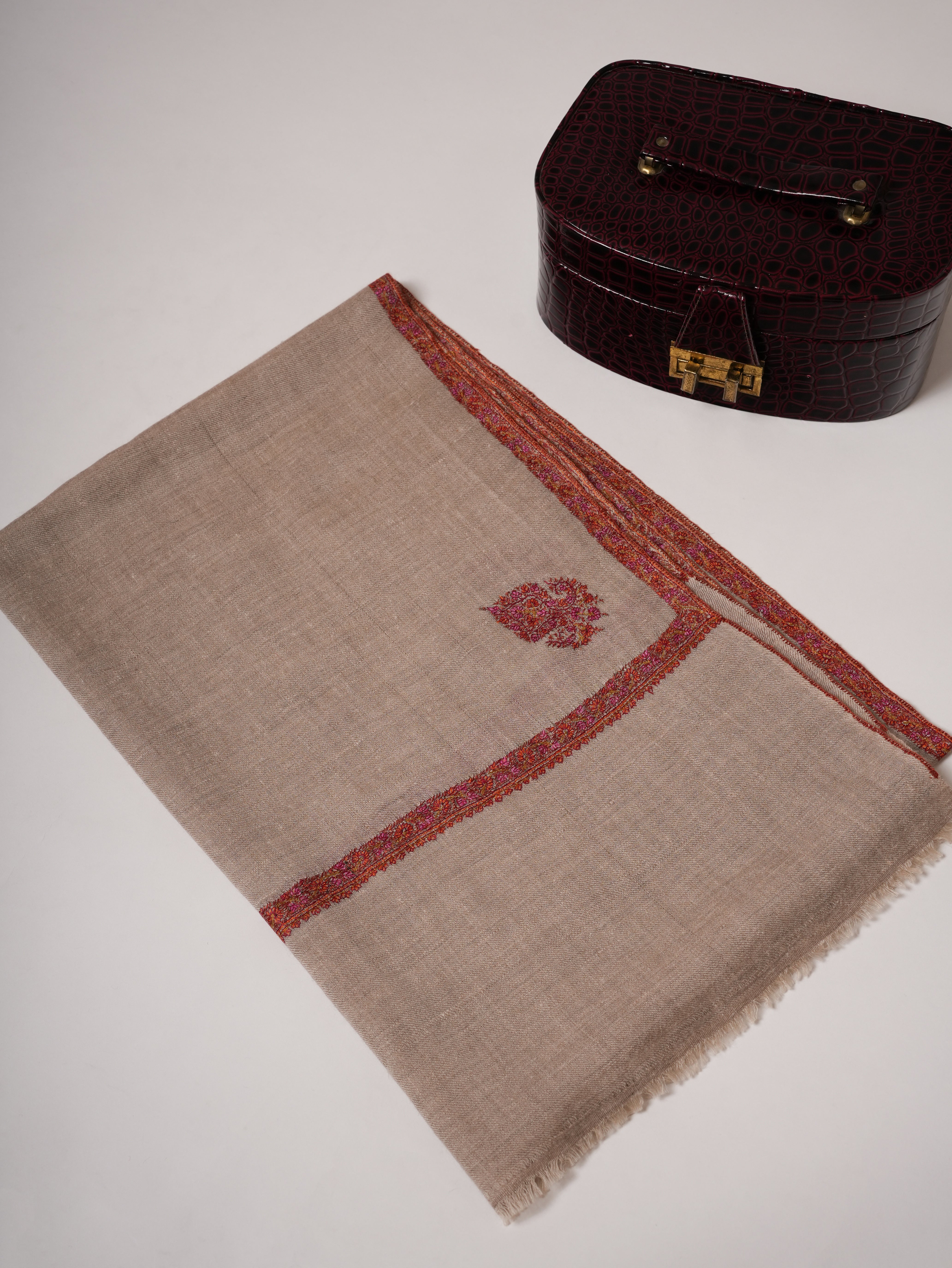 Natural Grey Baby Soft Cashmere Scarf with Classic Hashia & Corner Embroidery Shahkaar