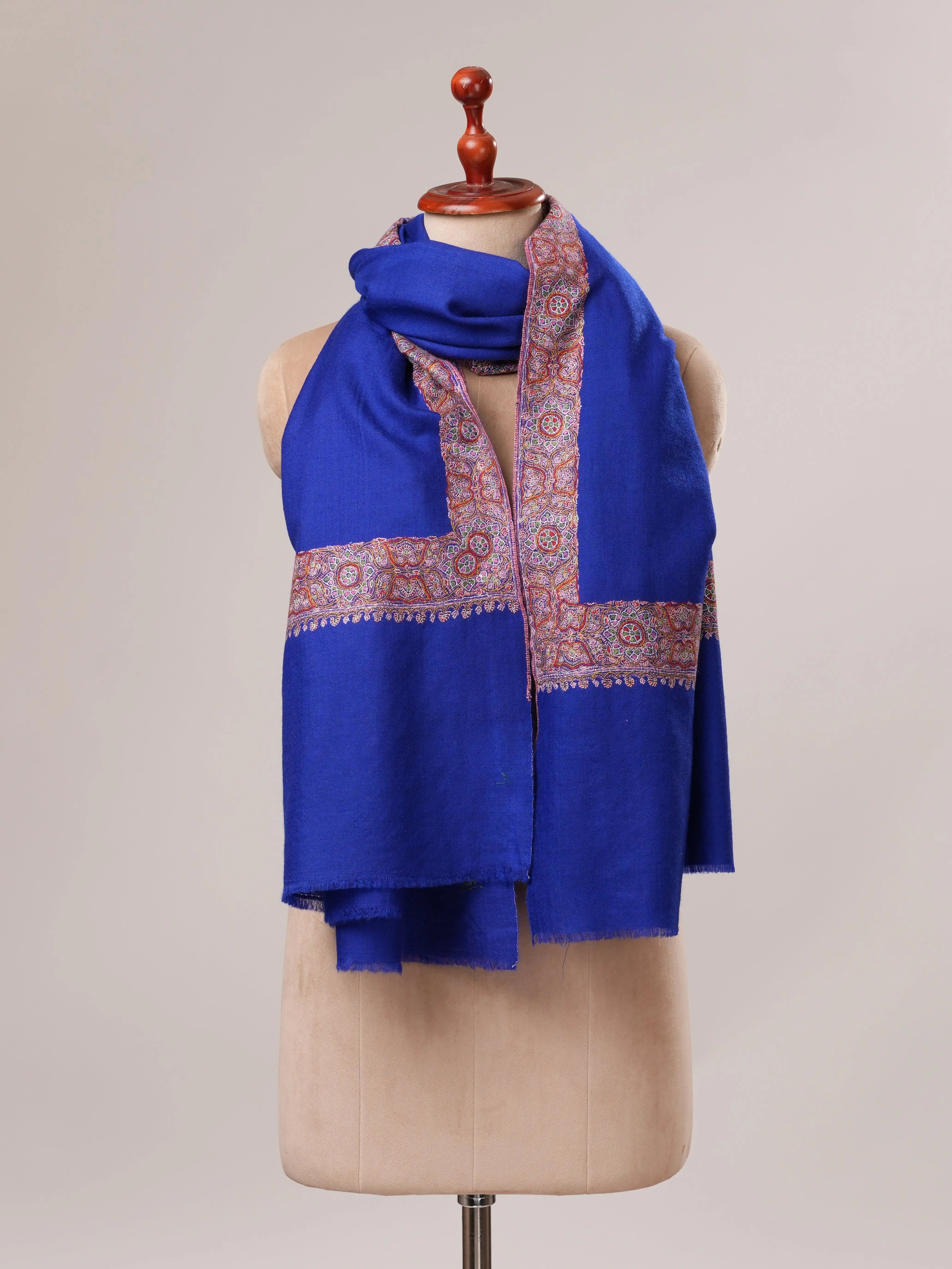 Blue Neemdaur Traditional Sozni Hand Embroidered Pashmina Shawl Shahkaar.com