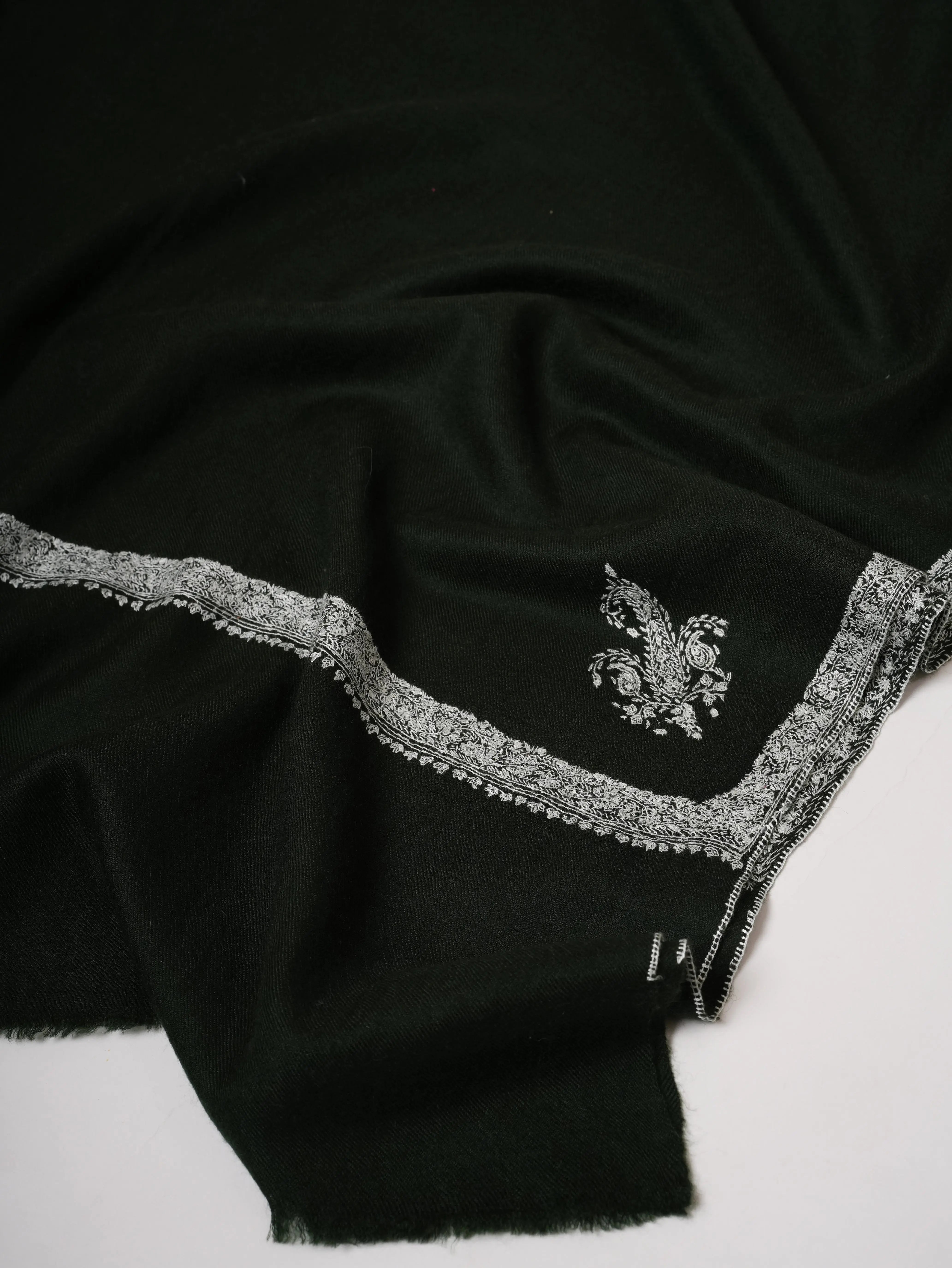 Dark Green Cashmere Scarf with Classic Hashia Hand Embroidery Shahkaar