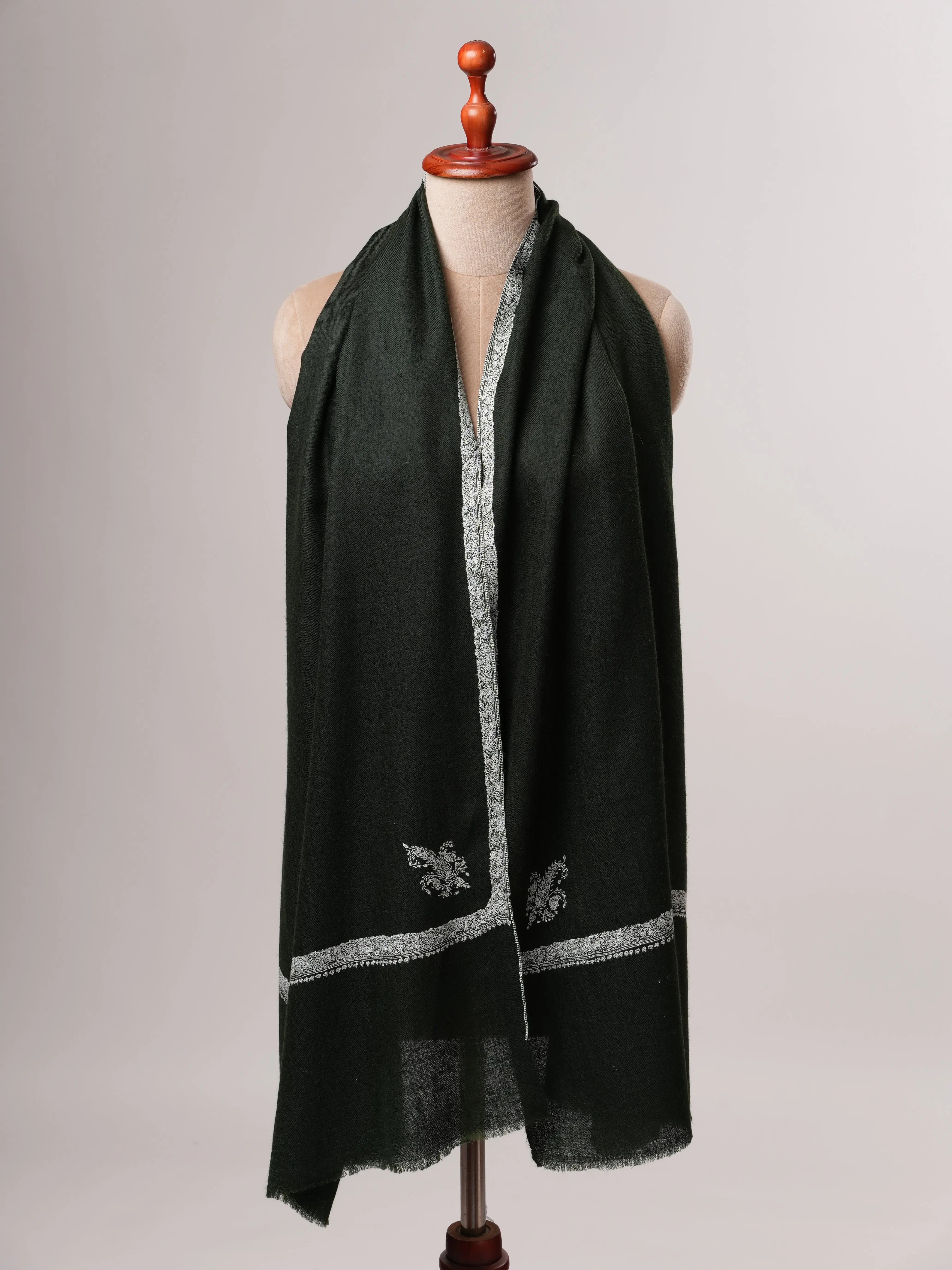 Dark Green Cashmere Scarf with Classic Hashia Hand Embroidery Shahkaar
