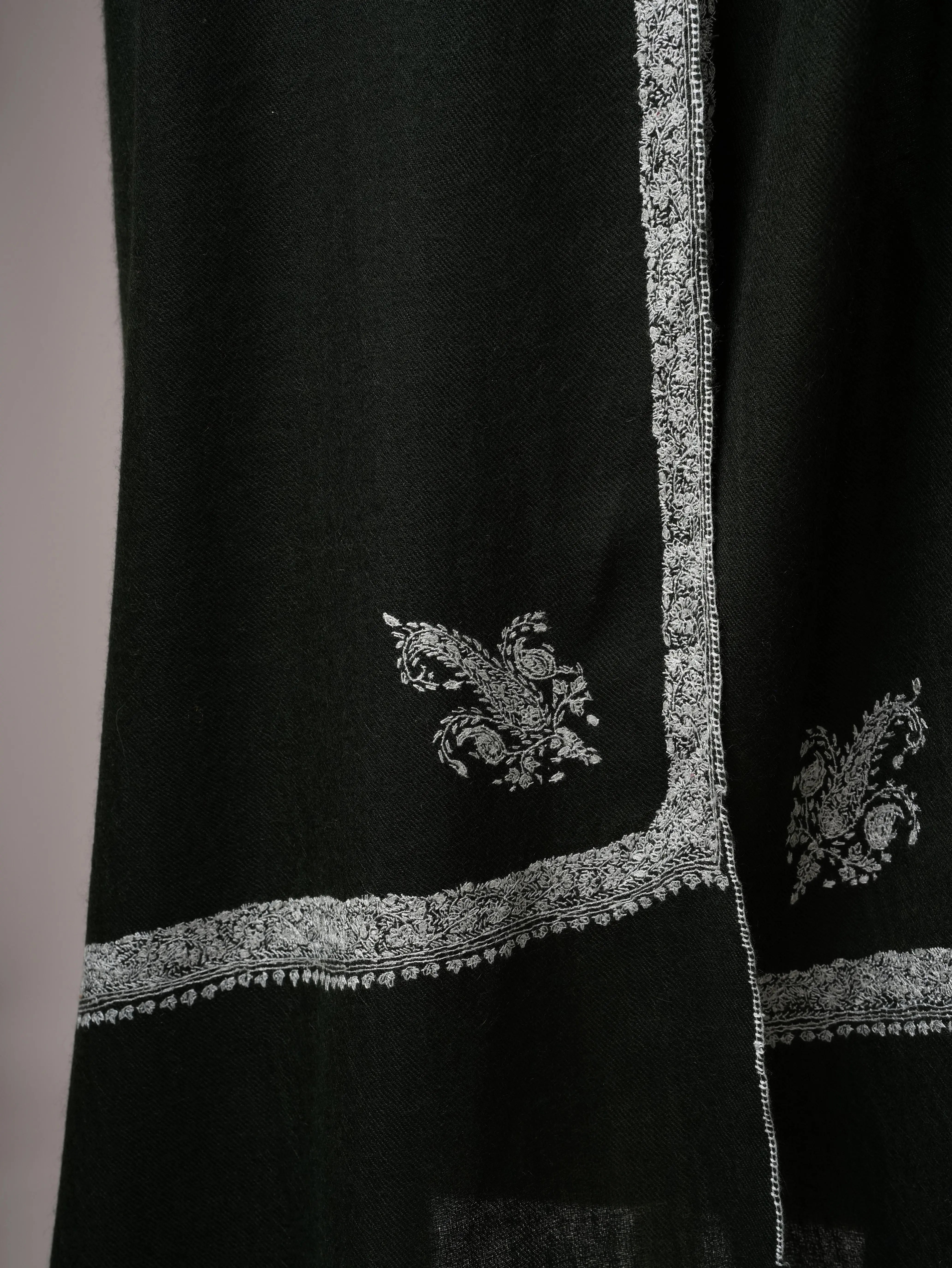 Dark Green Cashmere Scarf with Classic Hashia Hand Embroidery Shahkaar