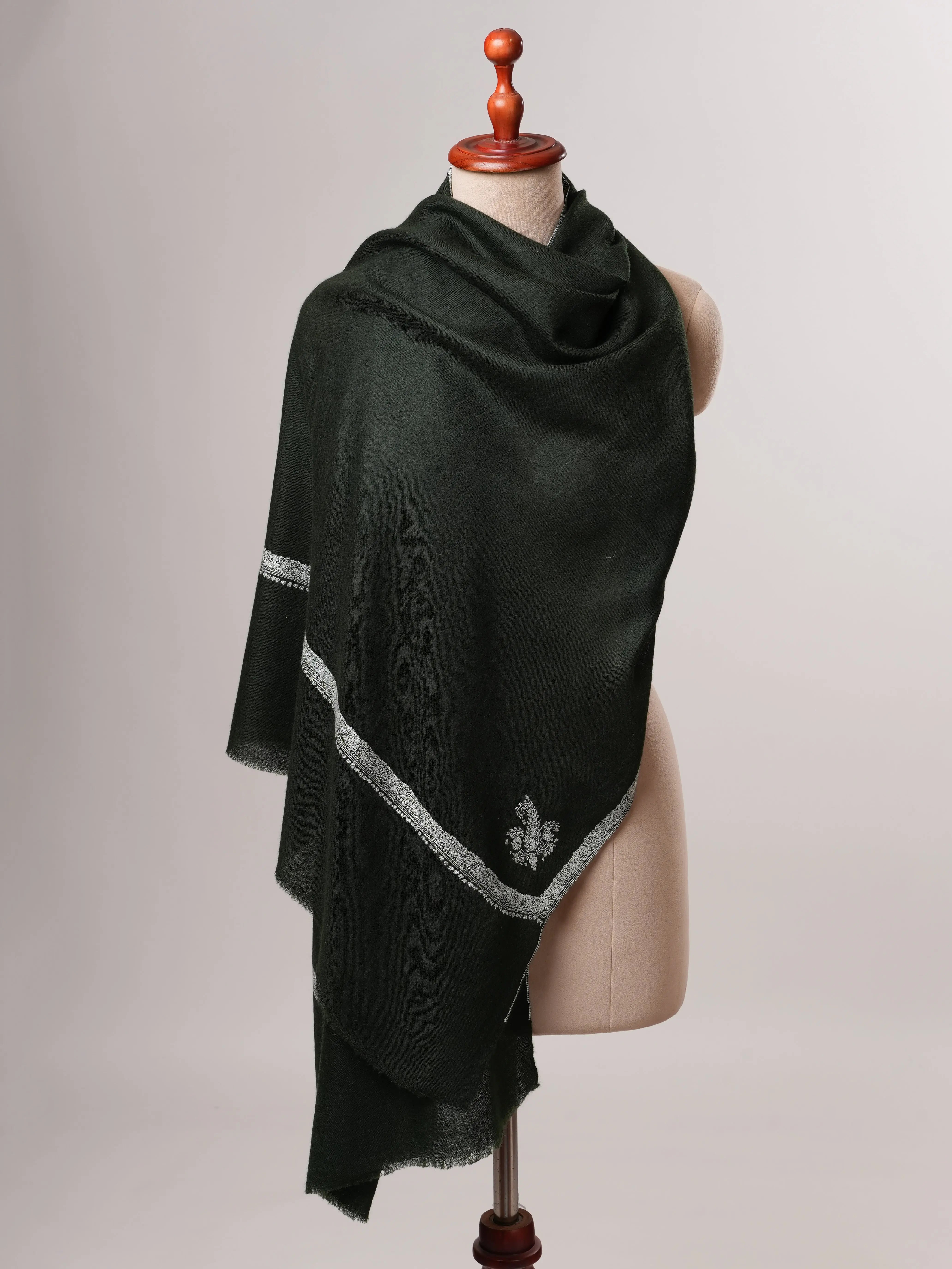 Dark Green Cashmere Scarf with Classic Hashia Hand Embroidery Shahkaar