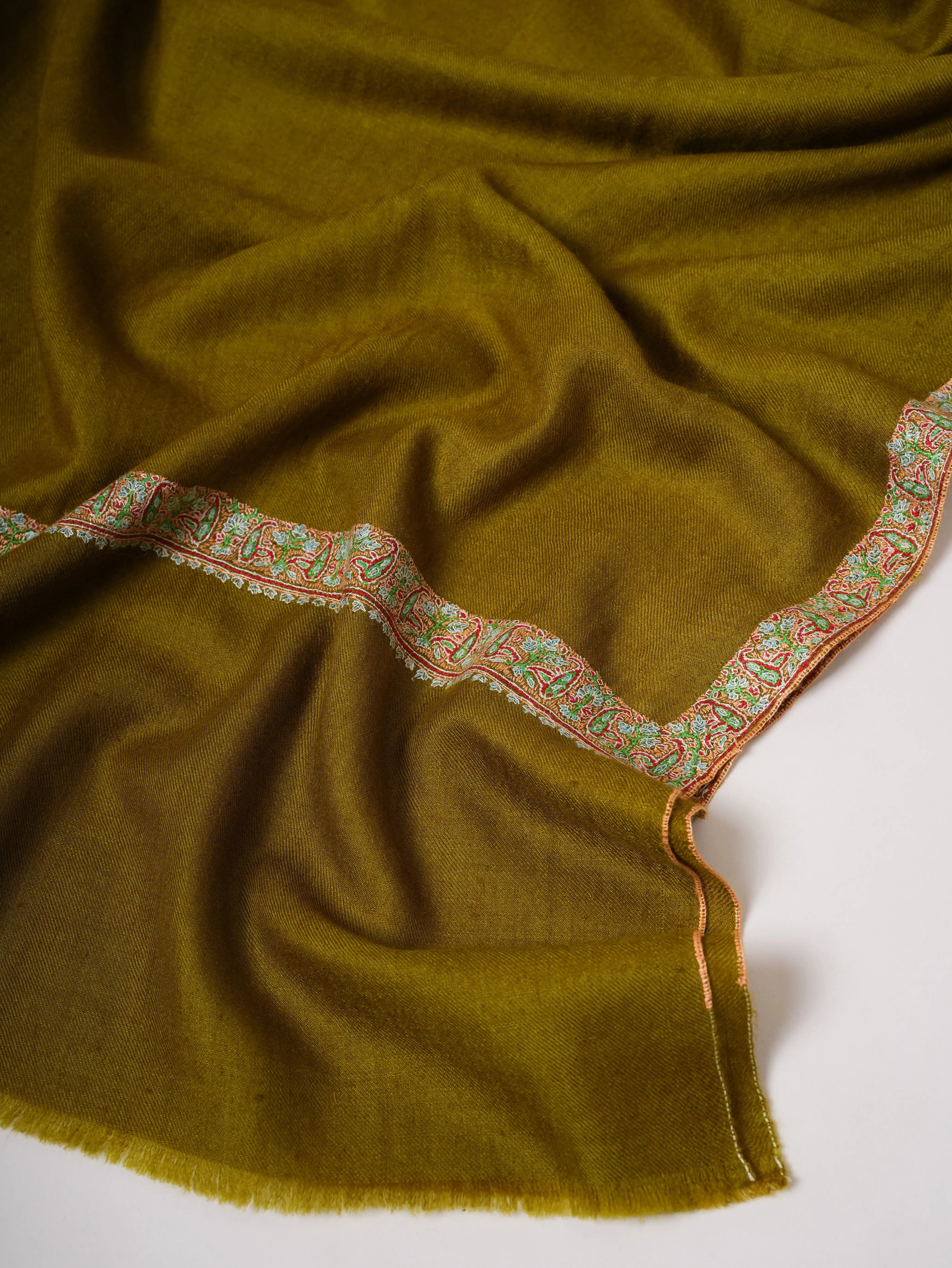 Olive Pure Pashmina Shawl with Handcrafted Hashia Embroidery Shahkaar