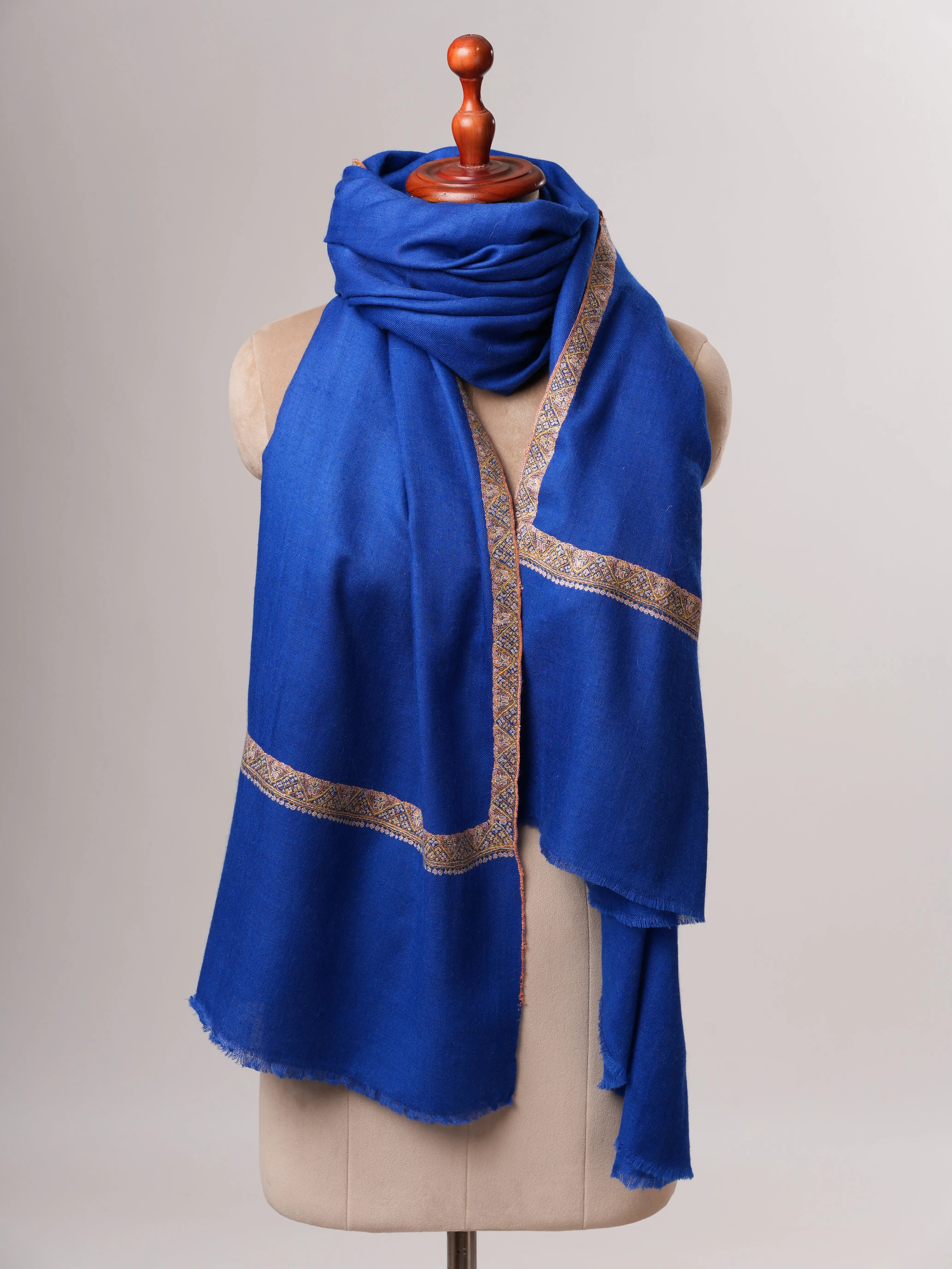Cobalt Blue Pure Pashmina Shawl with Classic Hashia Embroidery Shahkaar