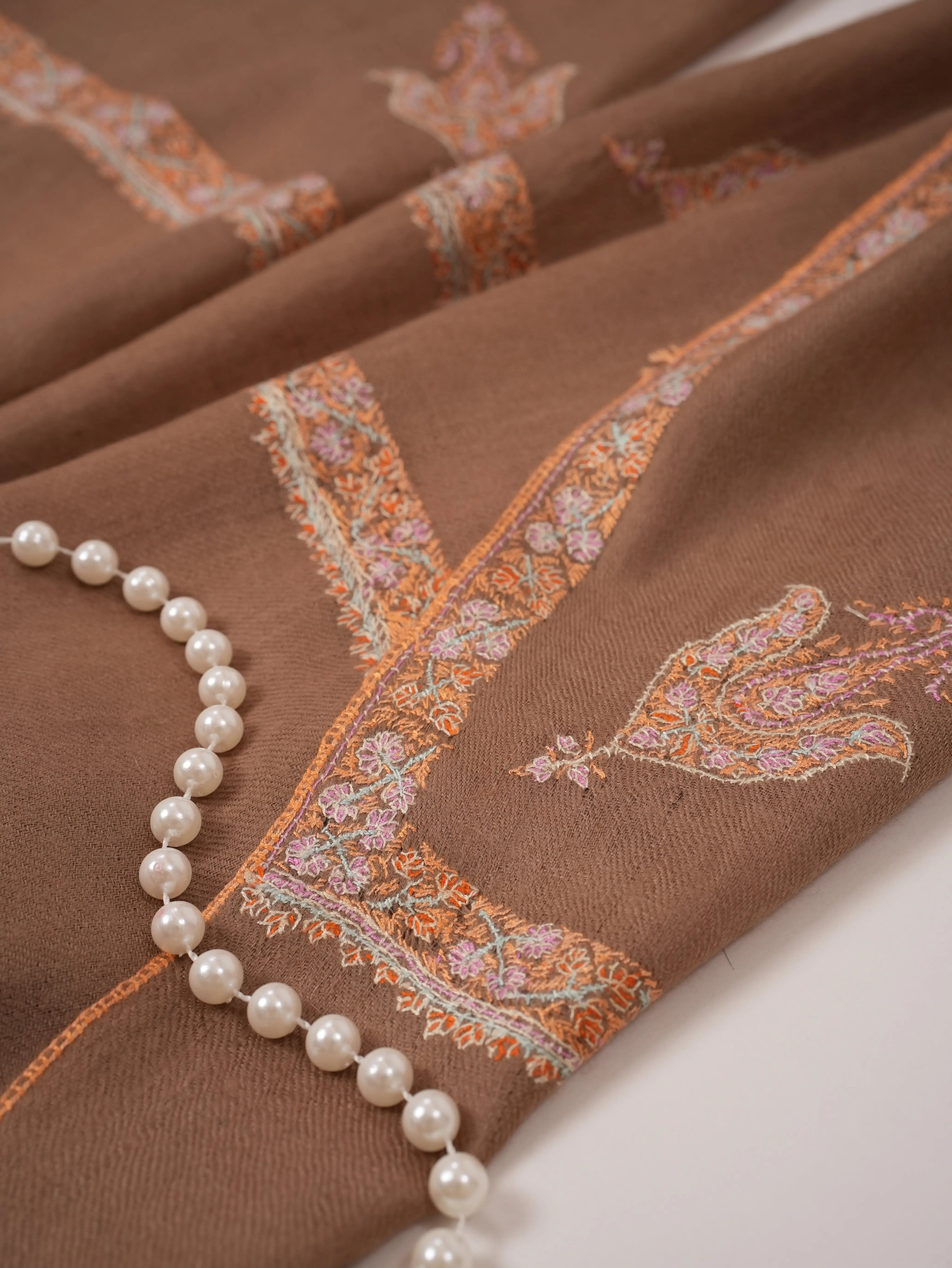 Beige Hand Embroidered Soft Cashmere Scarf Shahkaar.com