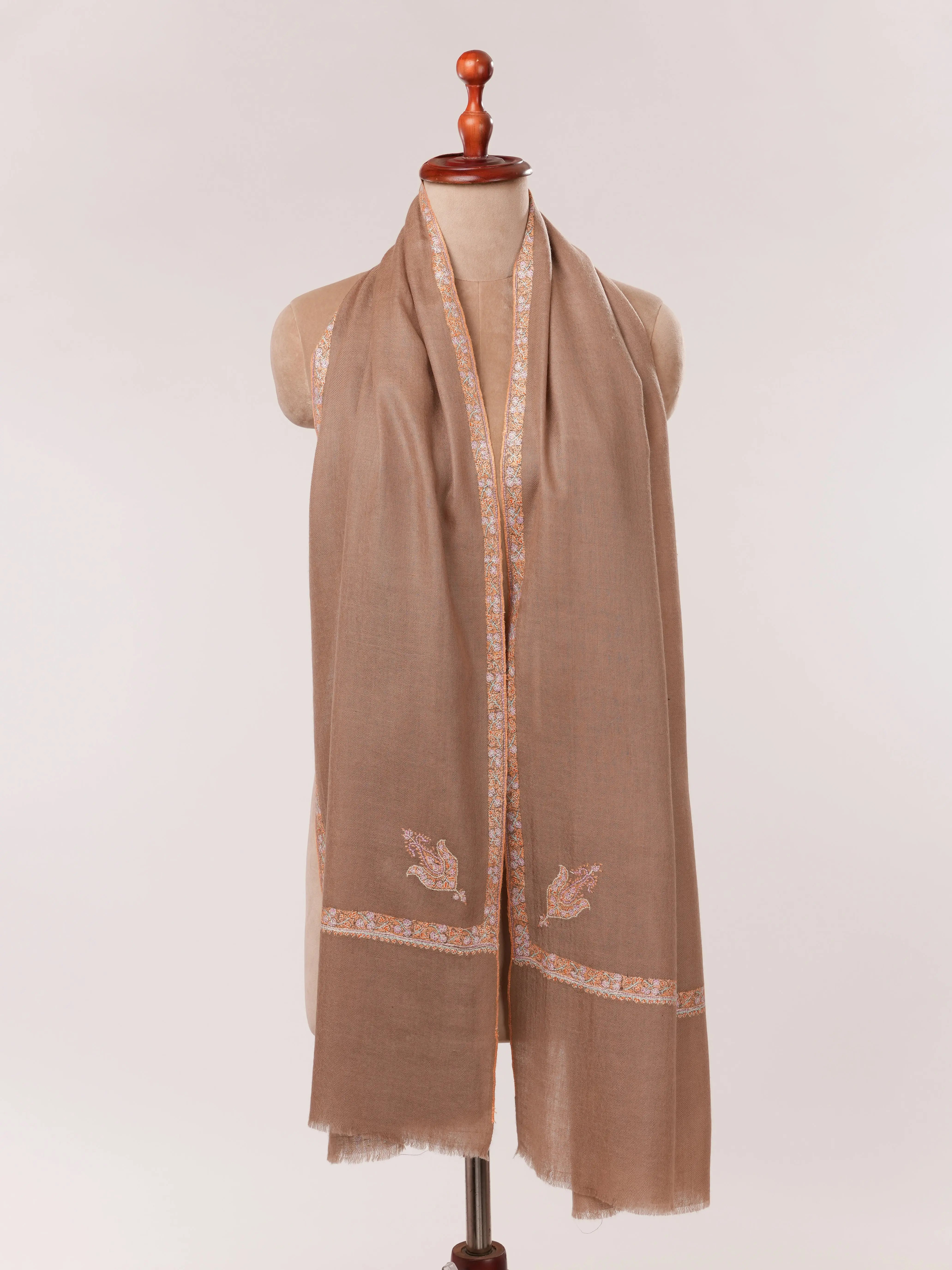 Beige Hand Embroidered Soft Cashmere Scarf Shahkaar.com