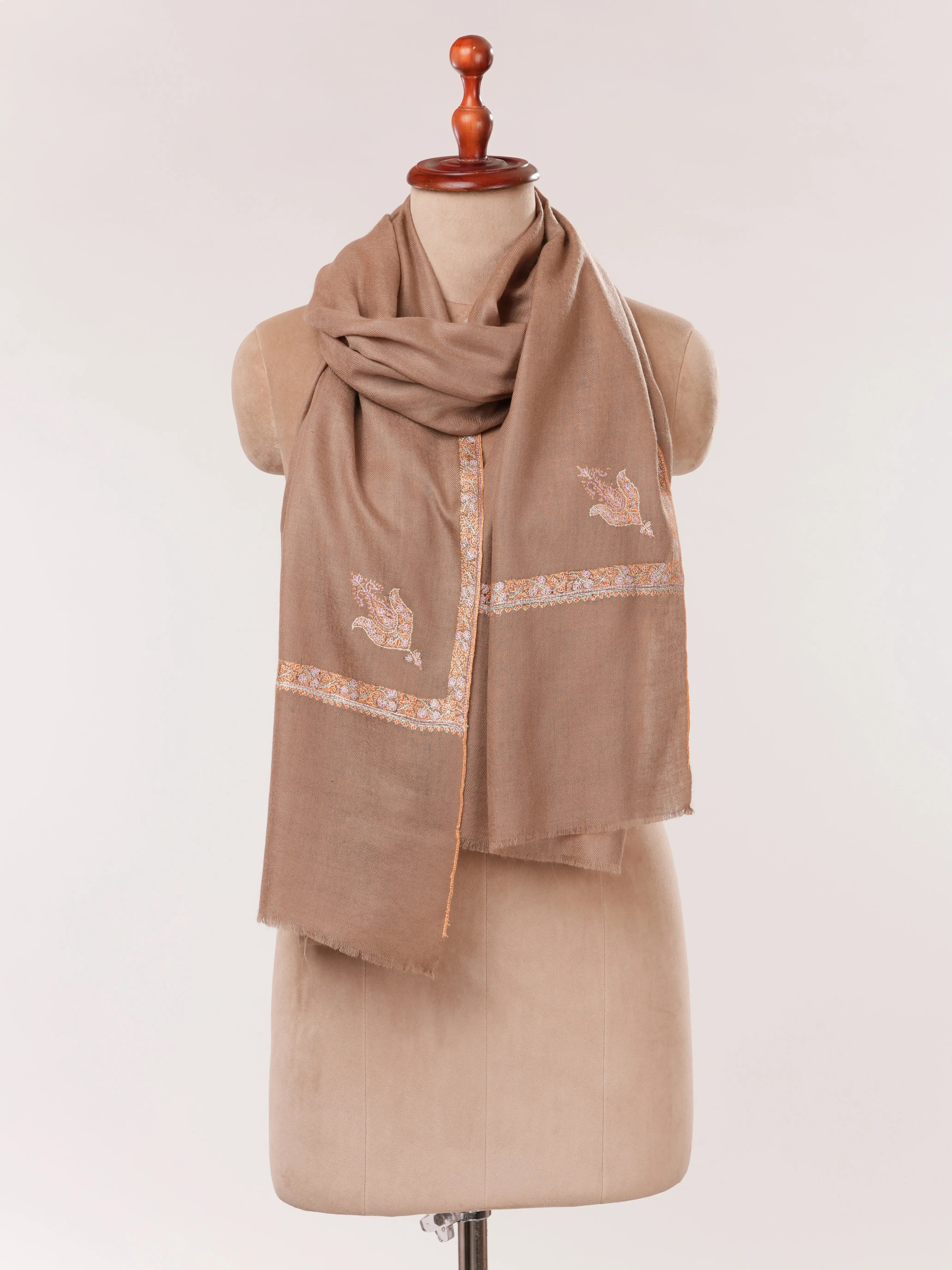 Beige Hand Embroidered Soft Cashmere Scarf Shahkaar.com