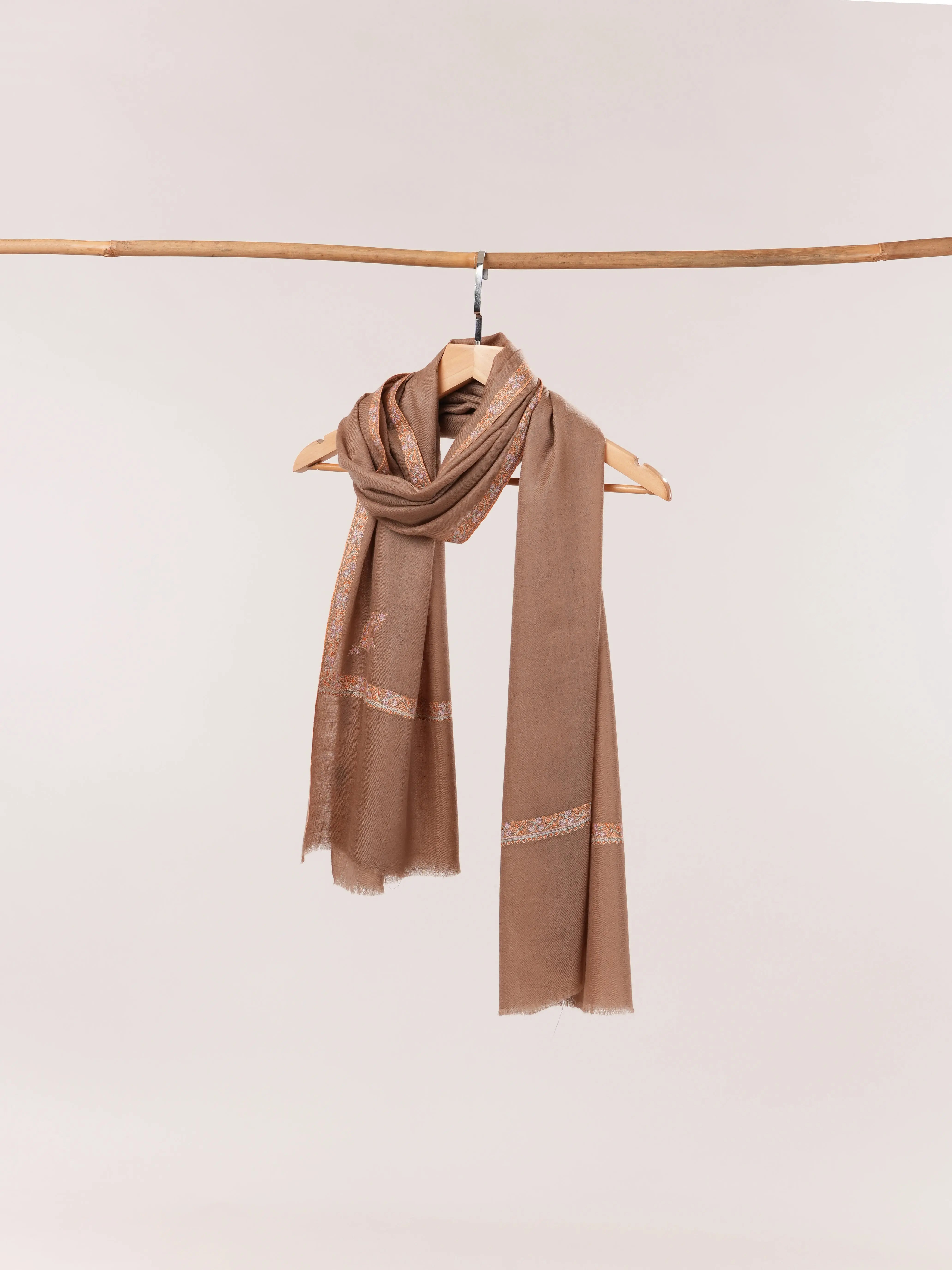 Beige Hand Embroidered Soft Cashmere Scarf Shahkaar.com