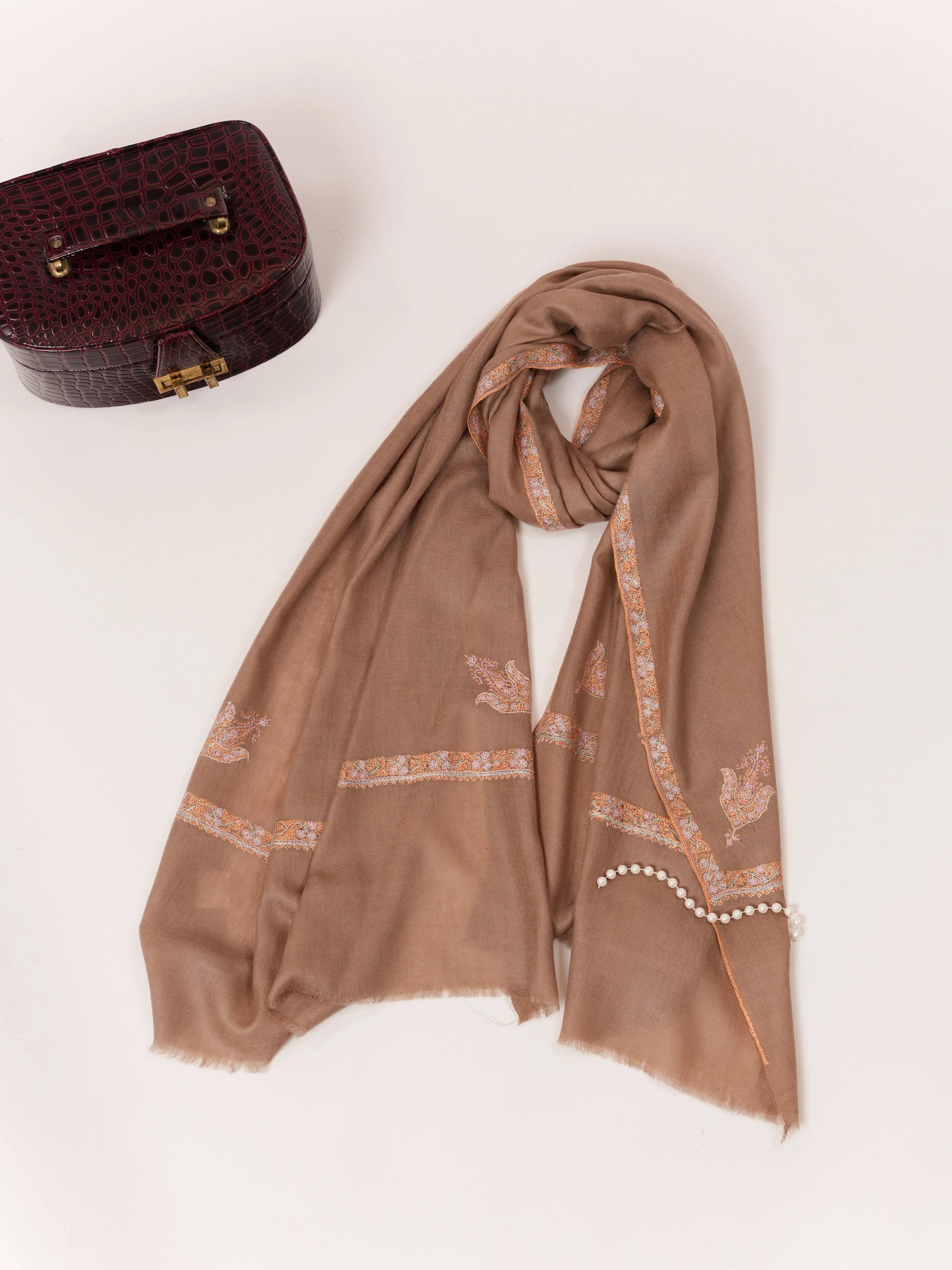 Beige Hand Embroidered Soft Cashmere Scarf Shahkaar.com