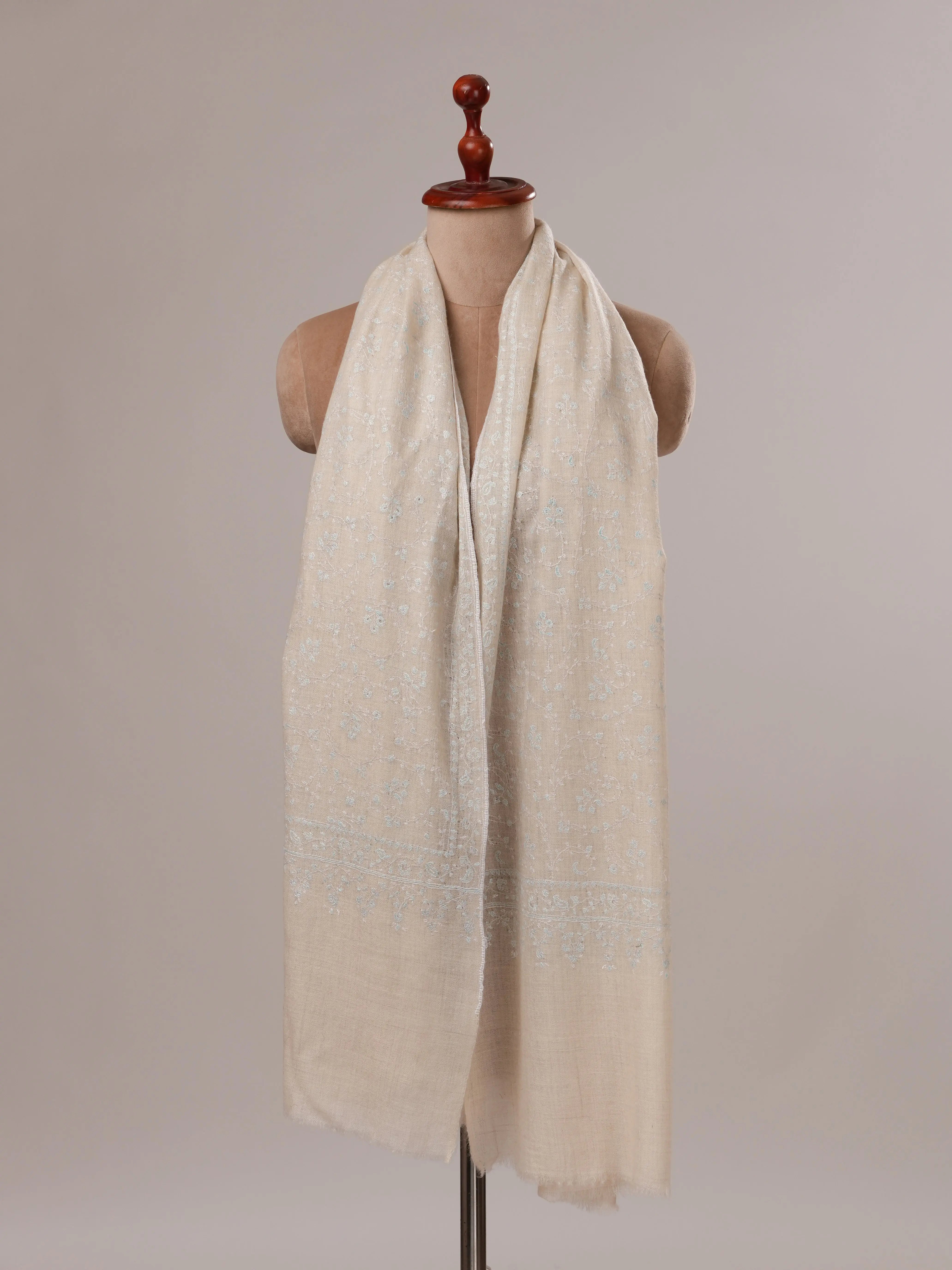 Off White Pure Pashmina Shawl with All Over Jali Hand Embroidery Shahkaar.com