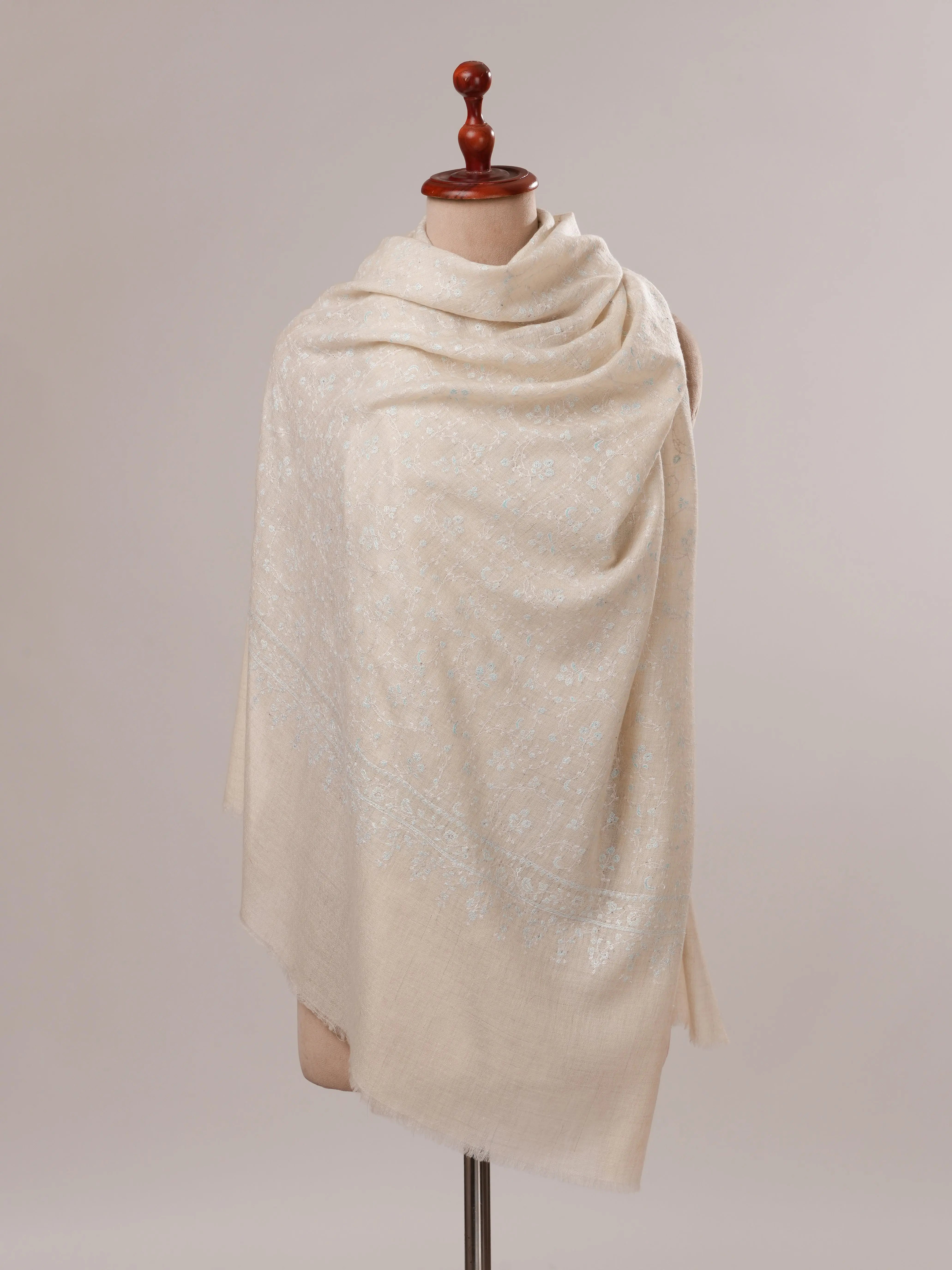 Off White Pure Pashmina Shawl with All Over Jali Hand Embroidery Shahkaar.com