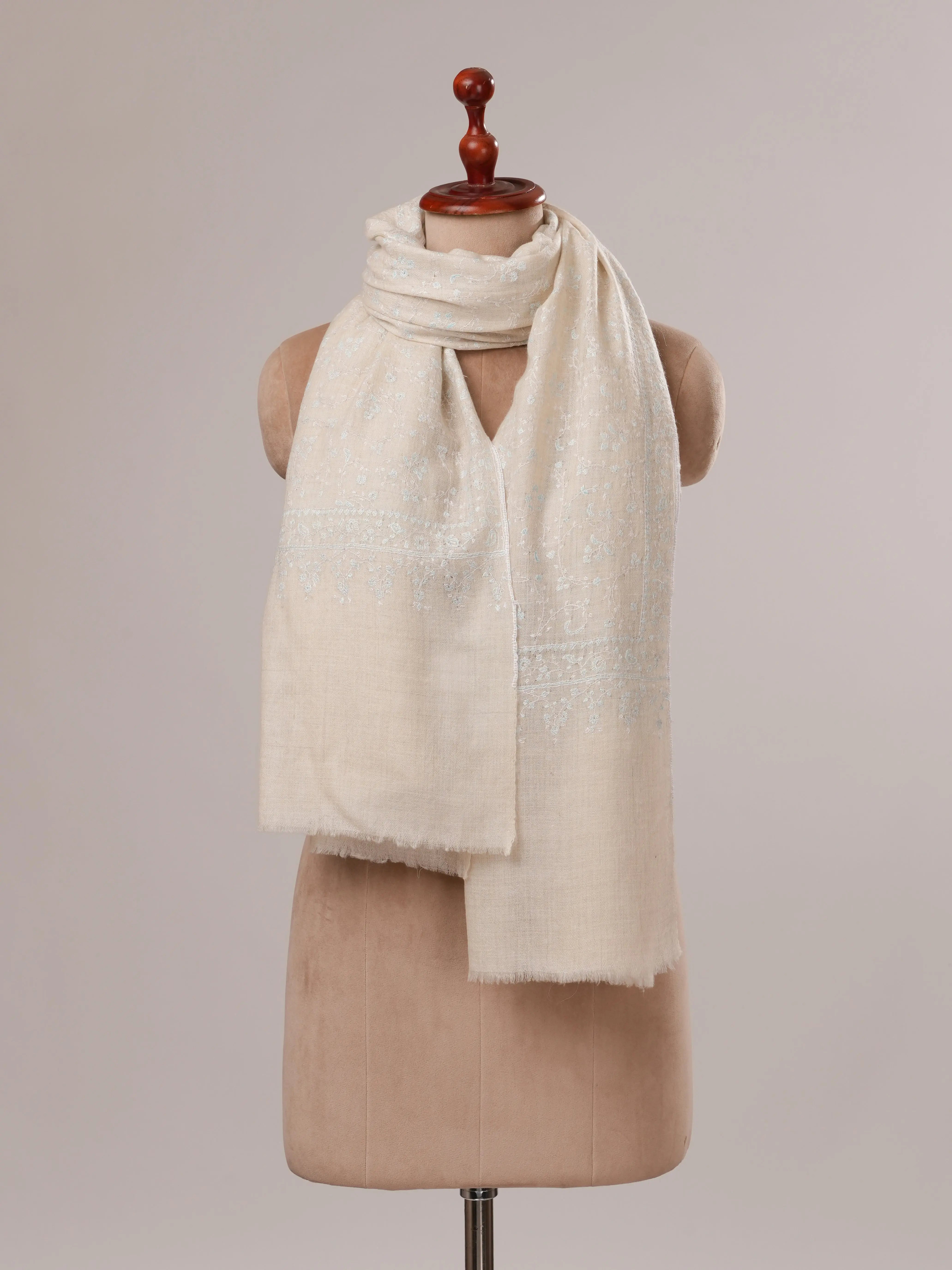 Off White Pure Pashmina Shawl with All Over Jali Hand Embroidery Shahkaar.com