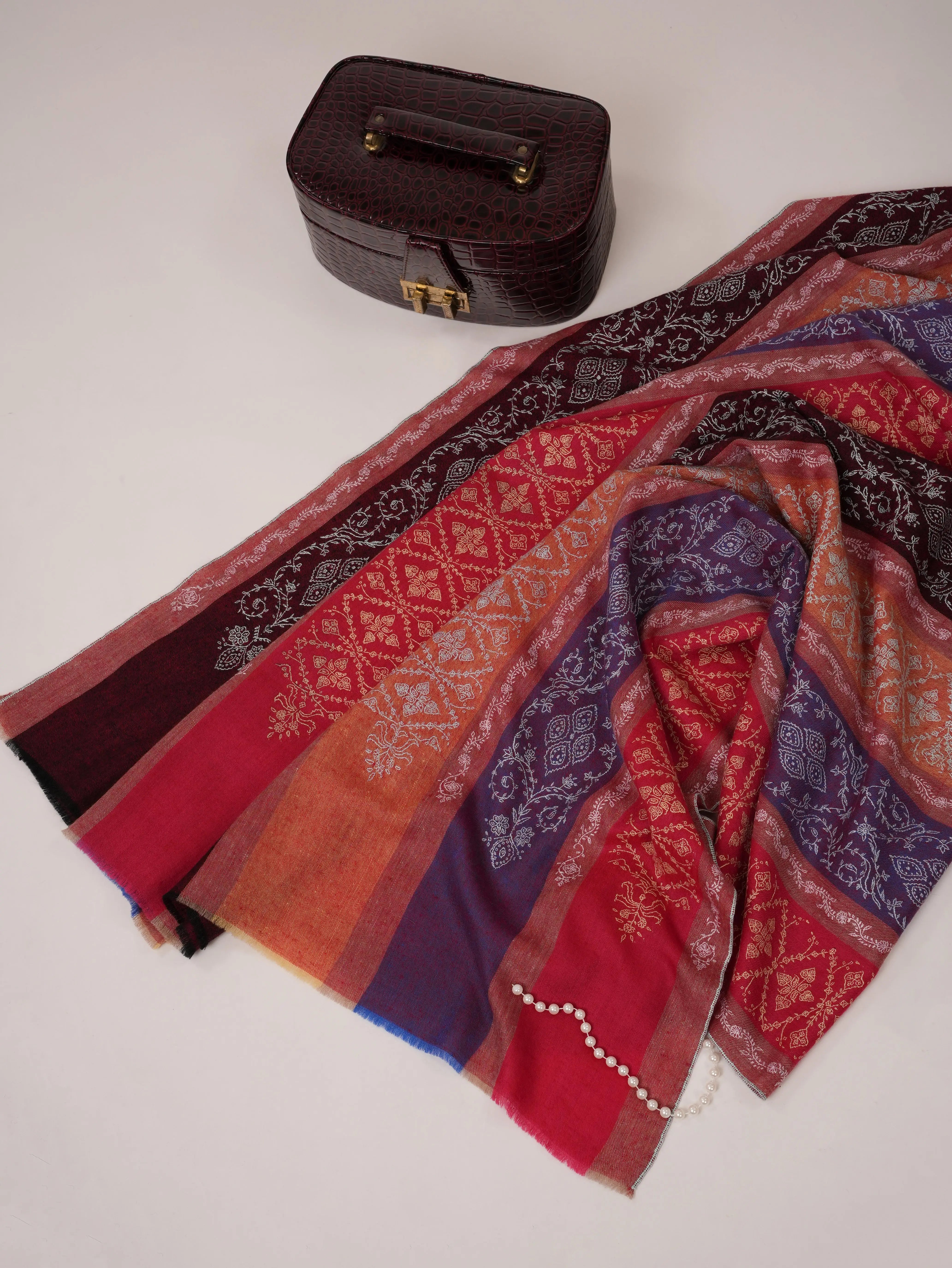 Striped All Over Jali Hand Embroidered Pashmina Shawl Shahkaar.com
