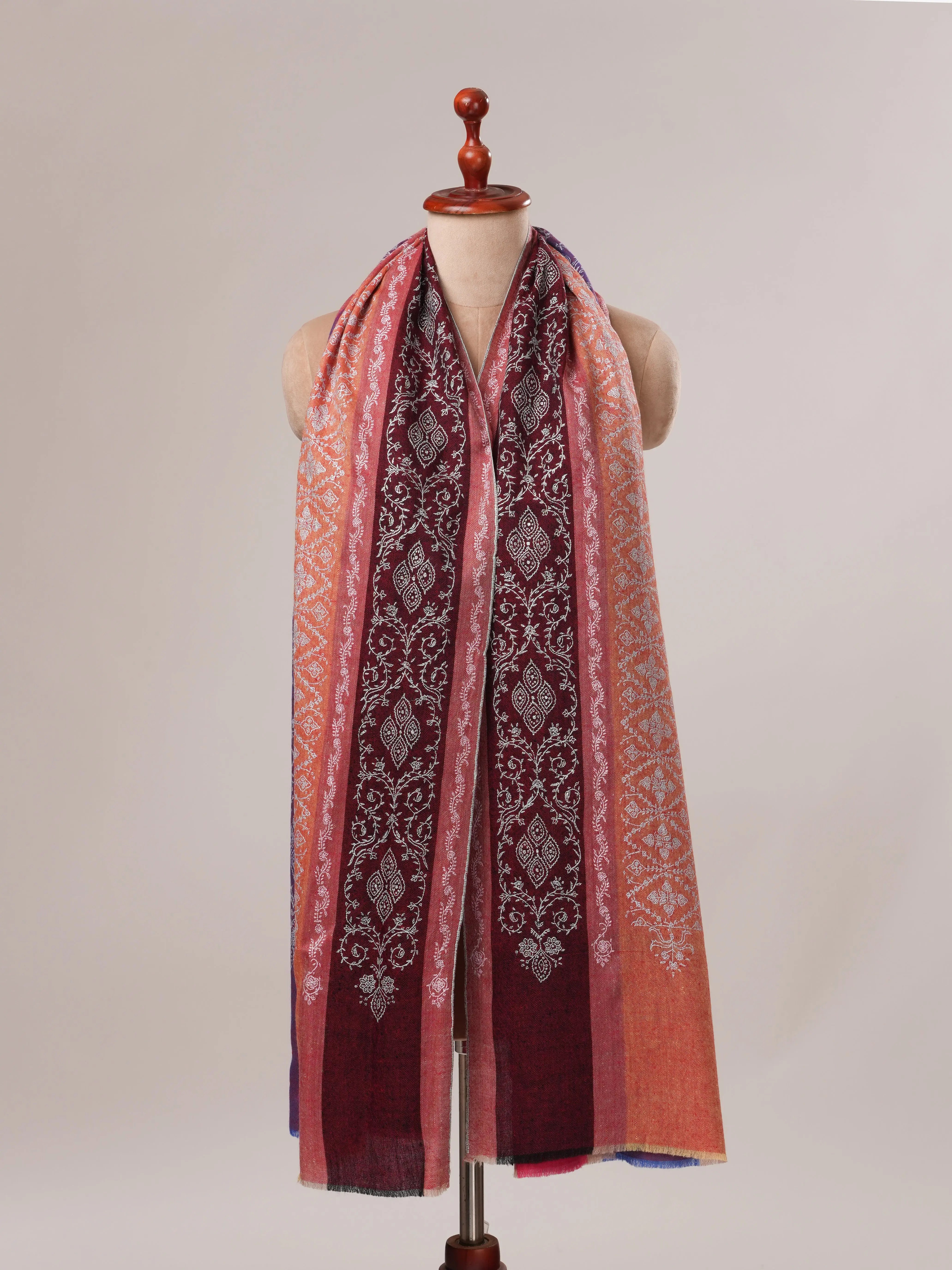 Striped All Over Jali Hand Embroidered Pashmina Shawl Shahkaar.com