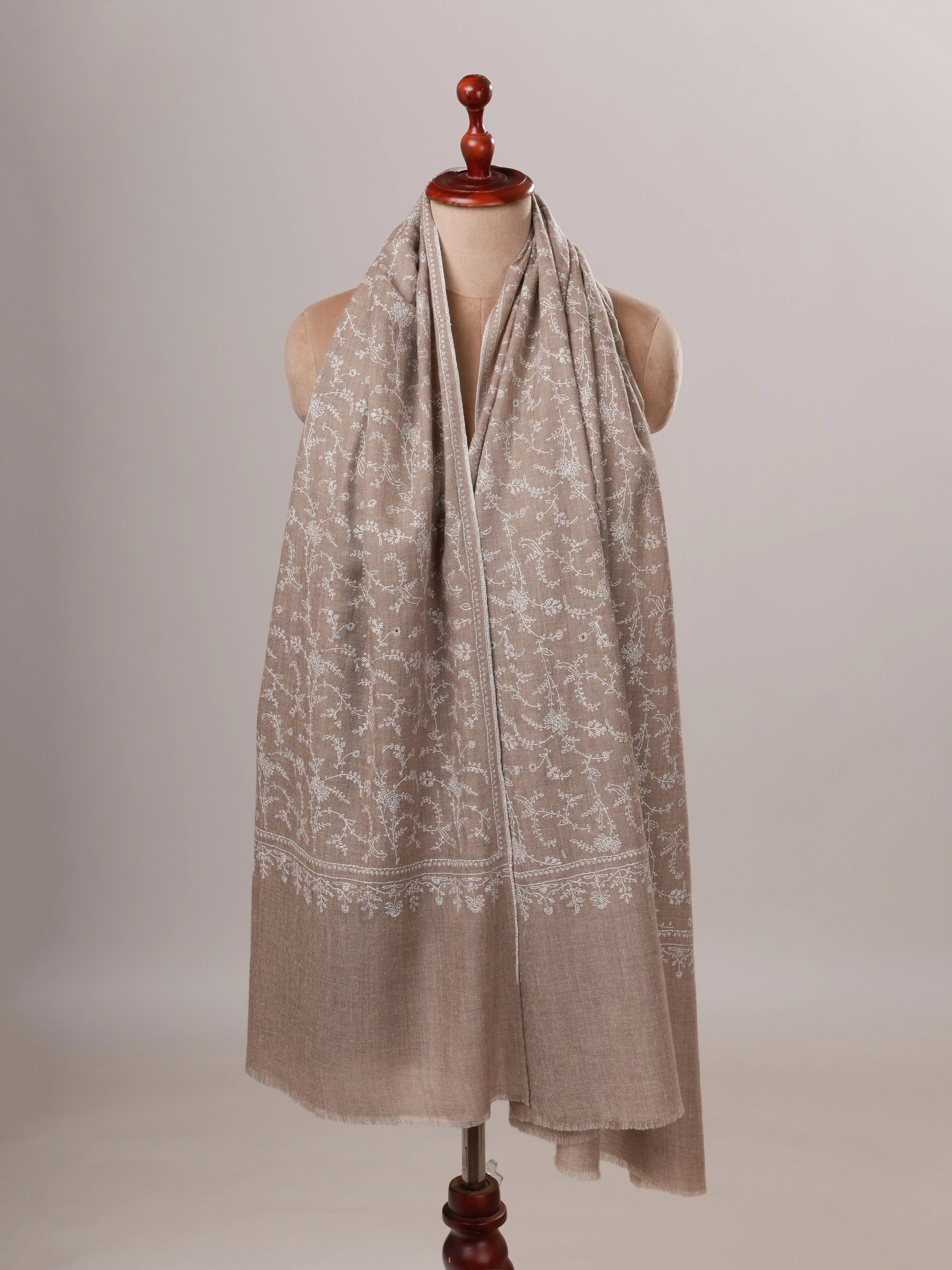 Natural Grey Pashmina Jali Shawl with White Hand Sozni Embroidery Shahkaar Global