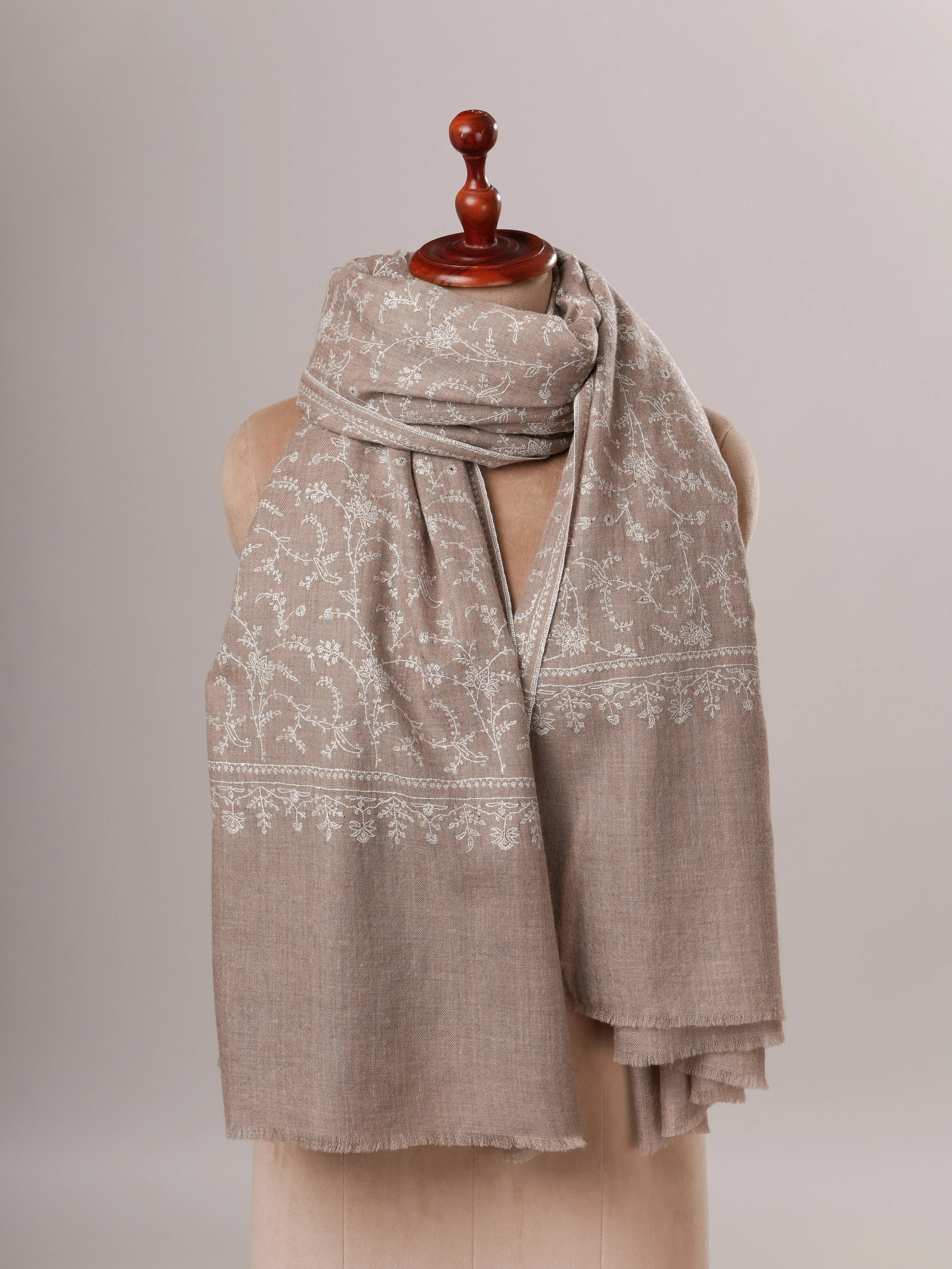 Natural Grey Pashmina Jali Shawl with White Hand Sozni Embroidery Shahkaar Global