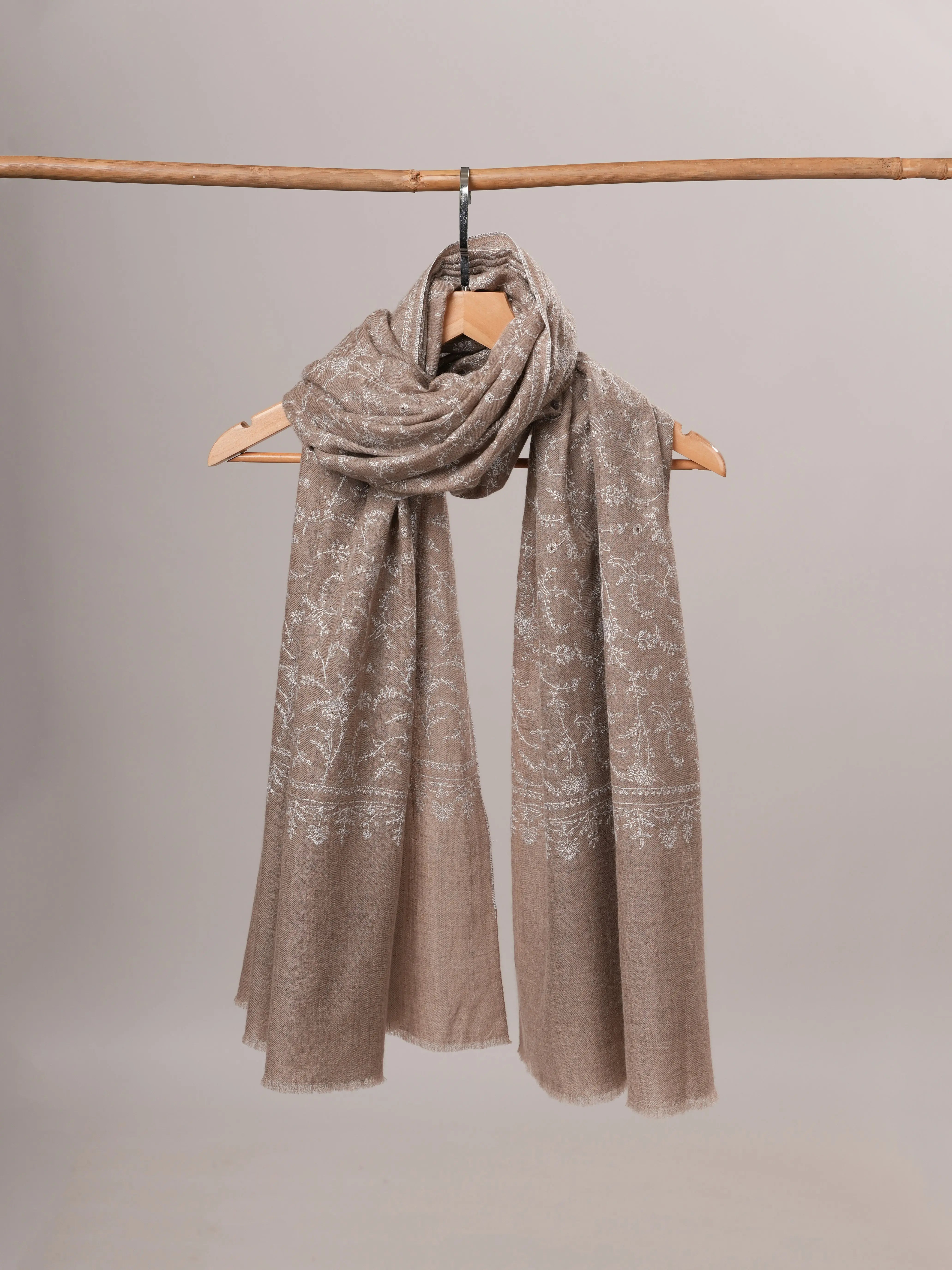 Natural Grey Pashmina Jali Shawl with White Hand Sozni Embroidery Shahkaar Global