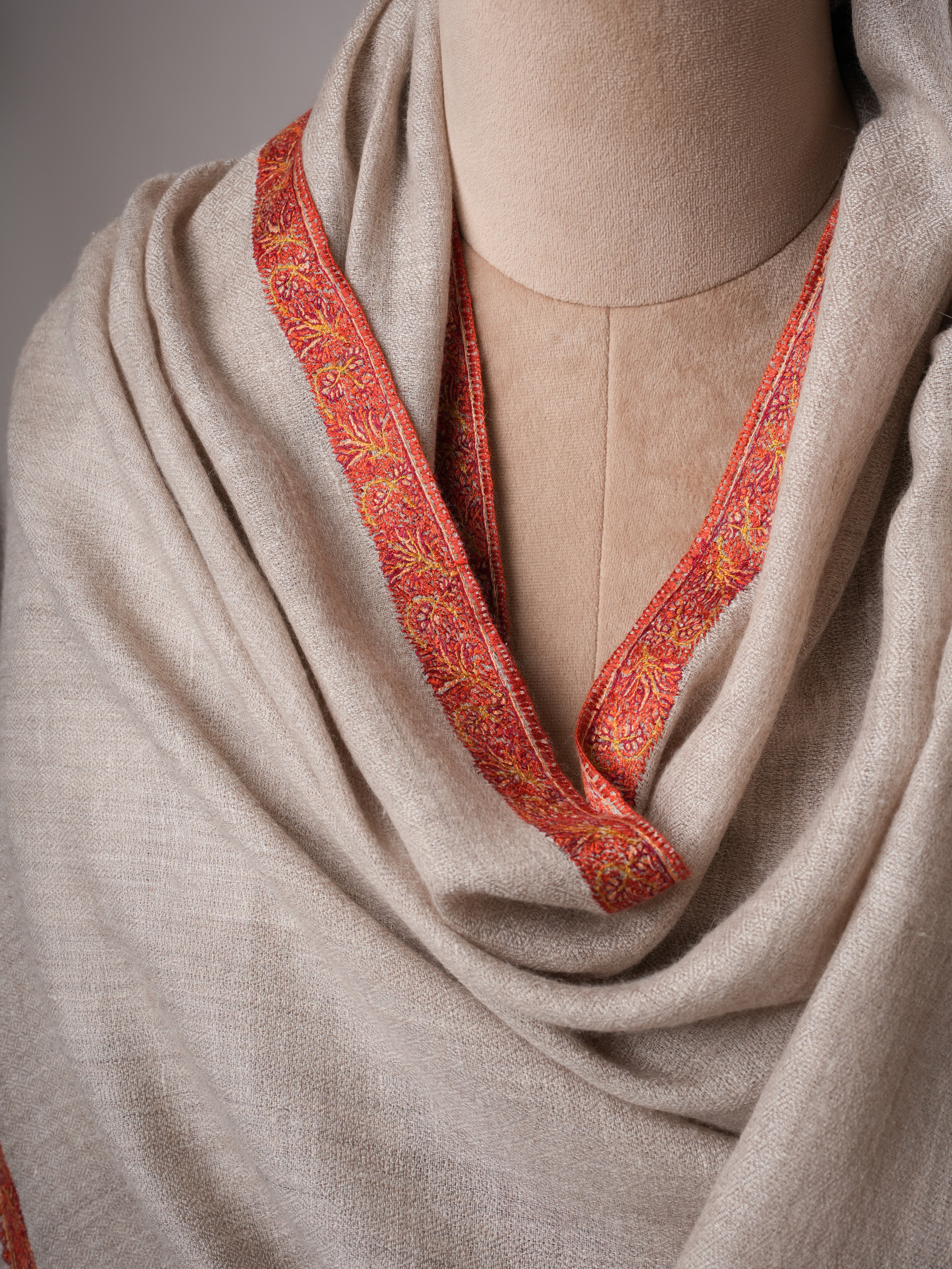 Natural Grey Pashmina Shawl with Blue Ends and Classic Hashia Hand Embroidery Shahkaar