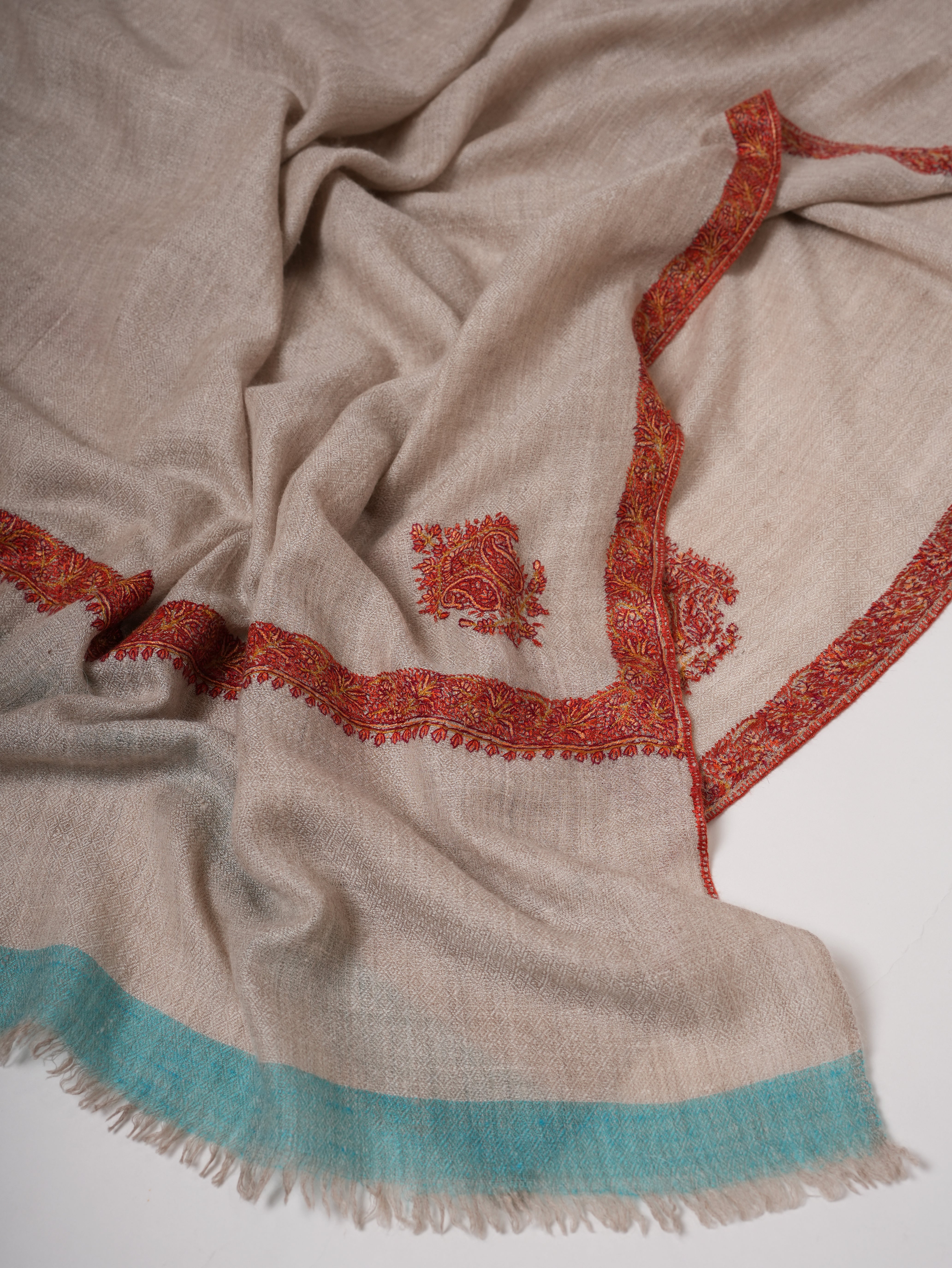 Natural Grey Pashmina Shawl with Blue Ends and Classic Hashia Hand Embroidery Shahkaar