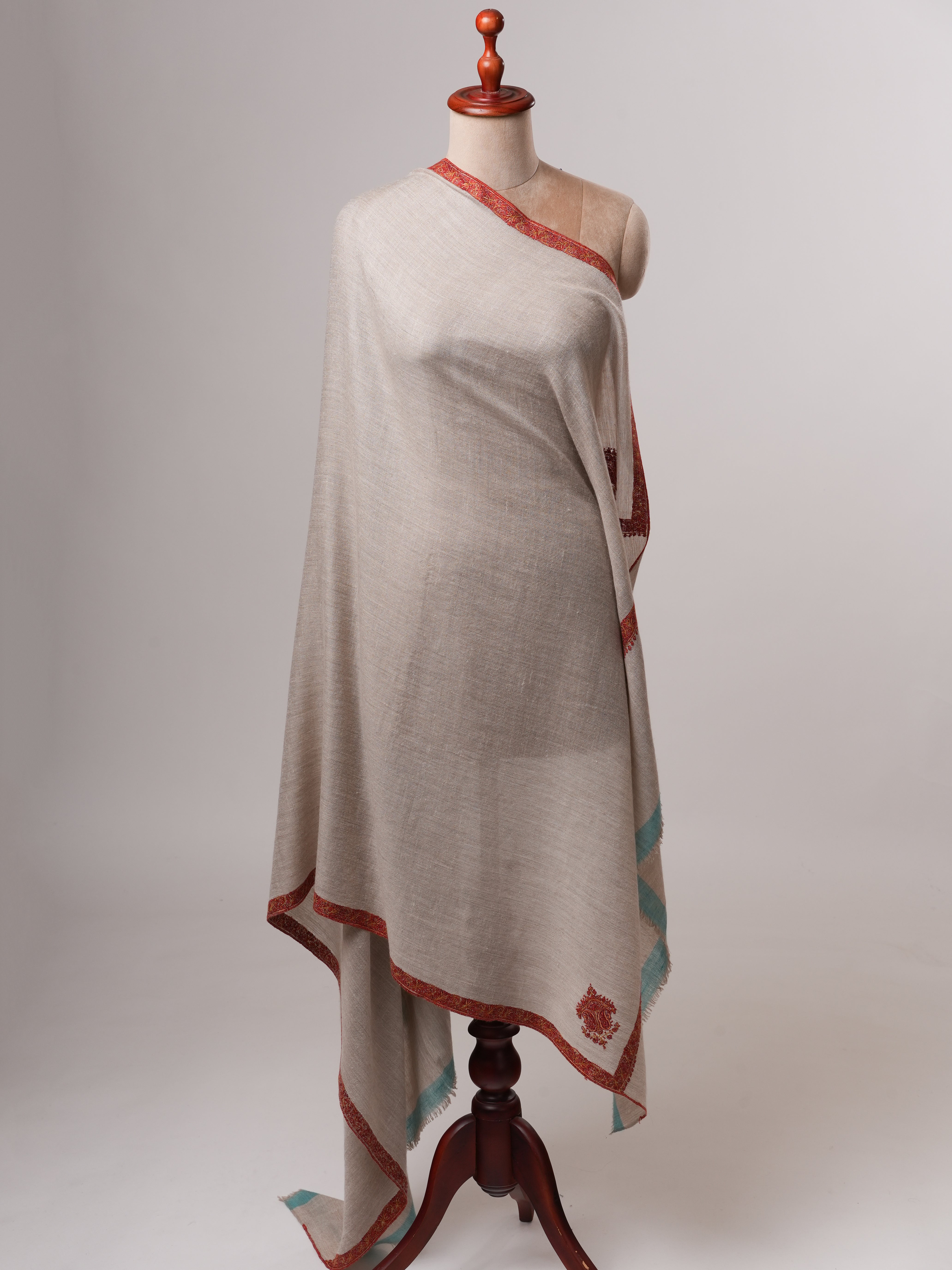 Natural Grey Pashmina Shawl with Blue Ends and Classic Hashia Hand Embroidery Shahkaar