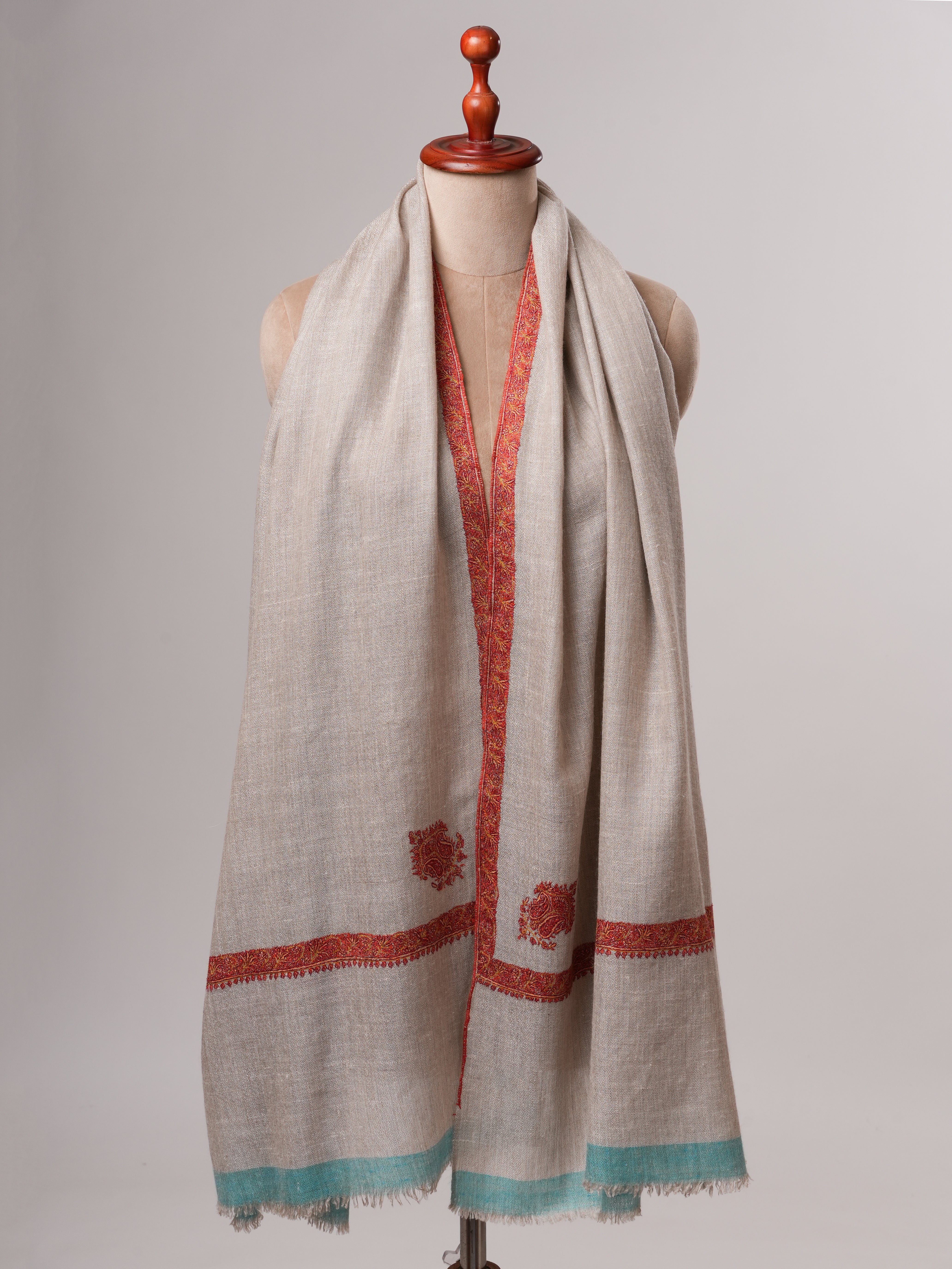 Natural Grey Pashmina Shawl with Blue Ends and Classic Hashia Hand Embroidery Shahkaar