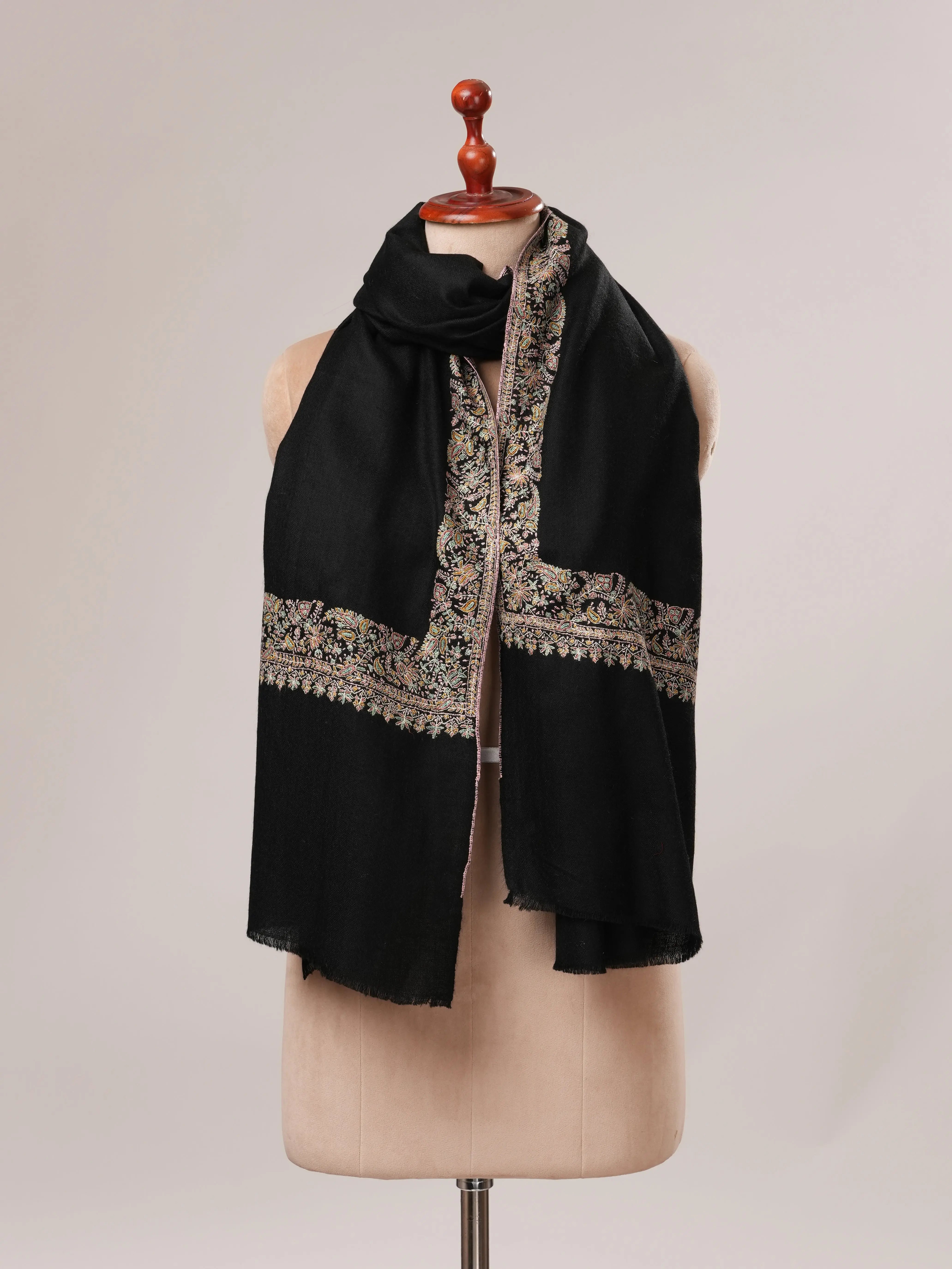 Black Neemdaur Hand Embroidered Pure Pashmina Shawl Shahkaar.com