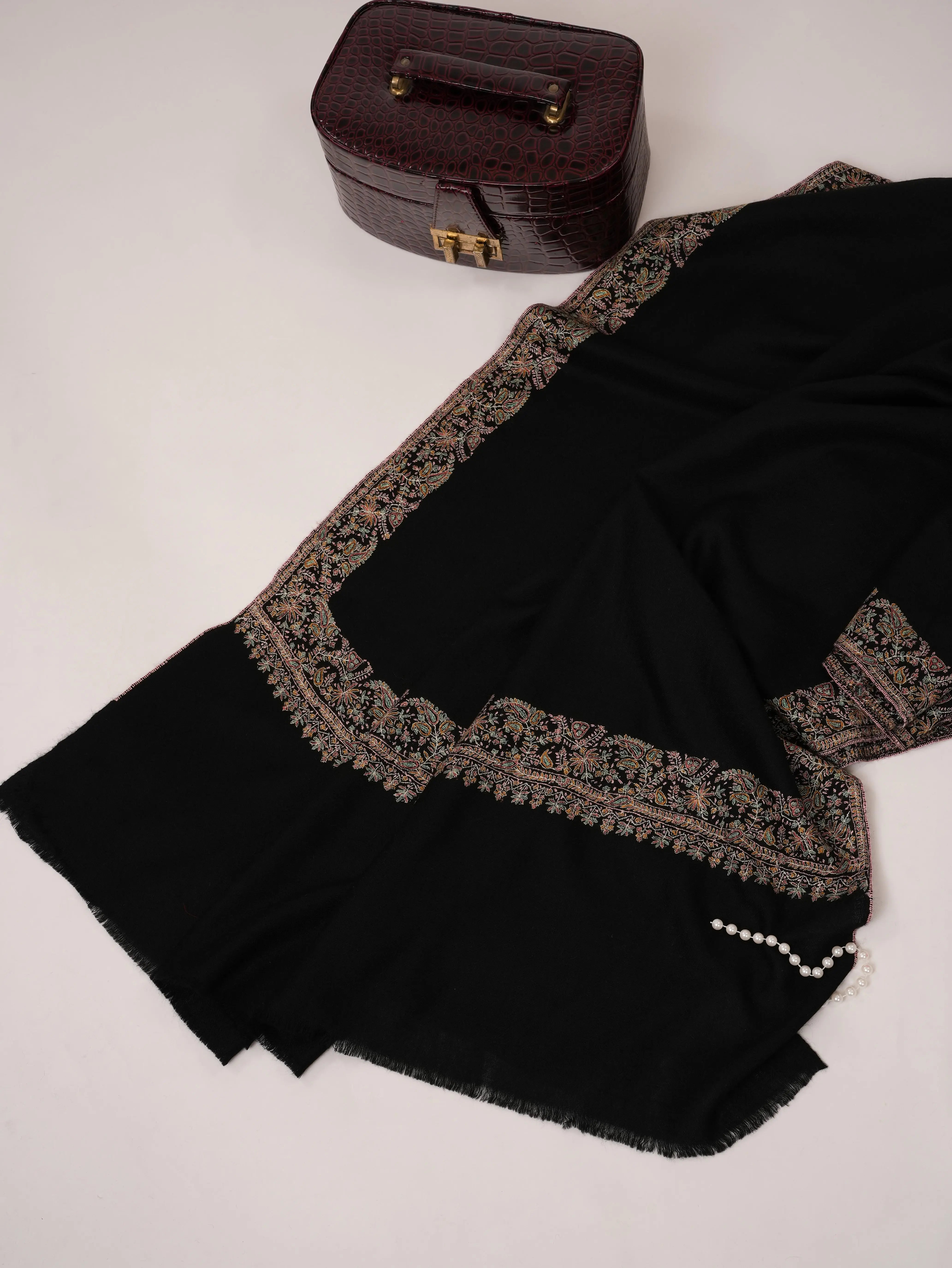 Black Neemdaur Hand Embroidered Pure Pashmina Shawl Shahkaar.com