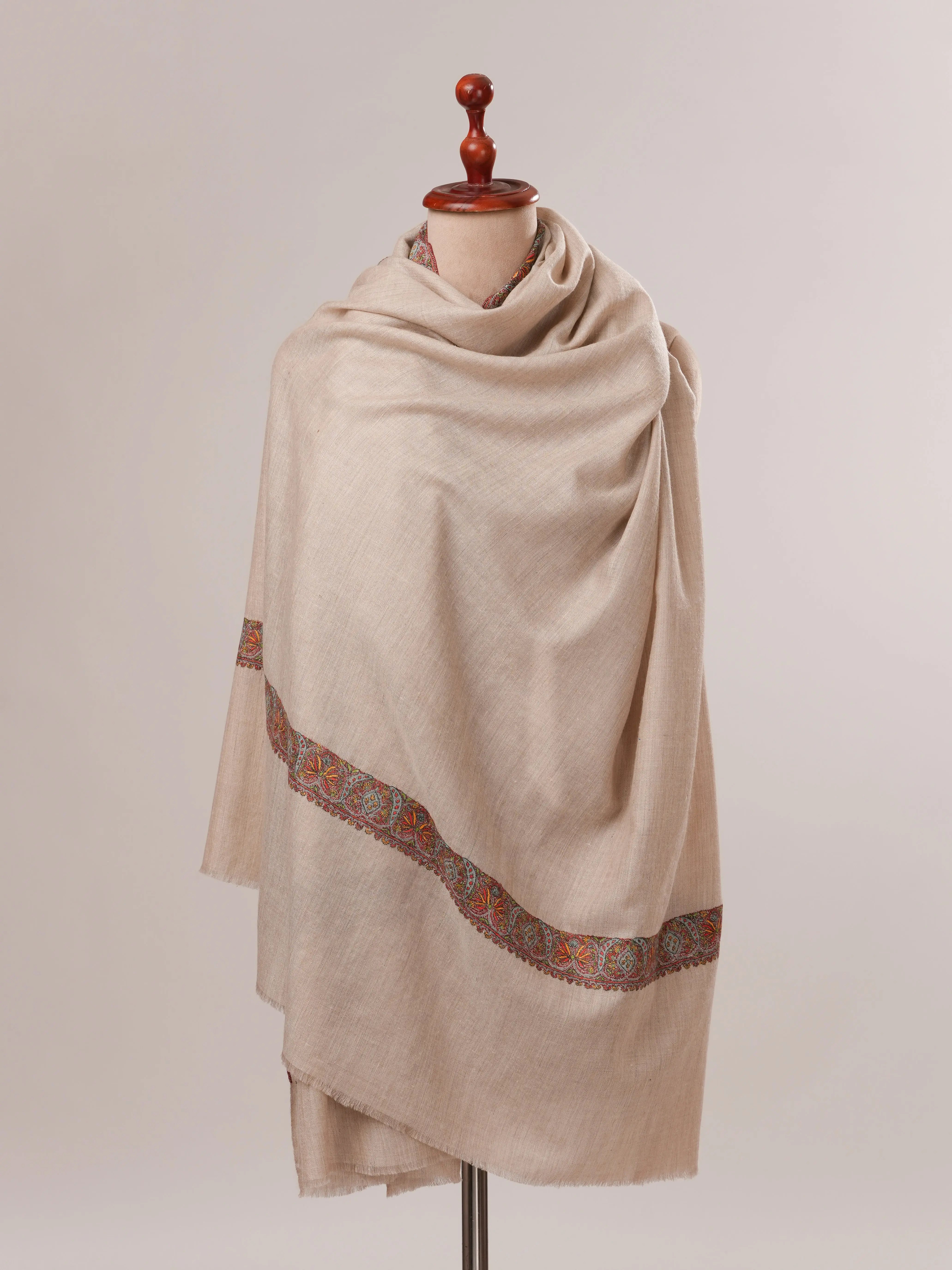 Natural Grey Neemdaur Hand Embroidered Pashmina Shawl Shahkaar.com