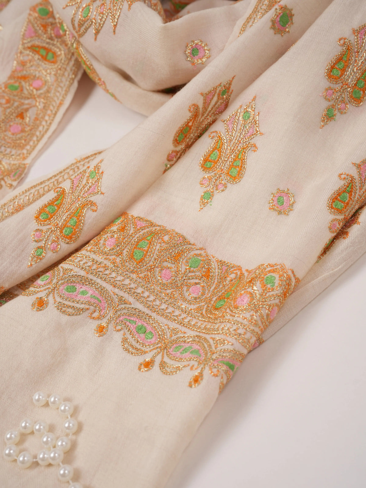 Hand Gold Tilla Buteh Embroidered Natural White Handwoven Pashmina Shawl Shahkaar.com