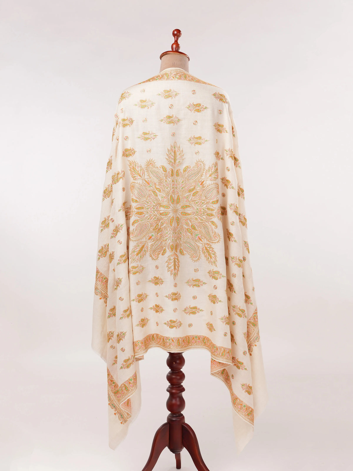 Hand Gold Tilla Buteh Embroidered Natural White Handwoven Pashmina Shawl Shahkaar.com