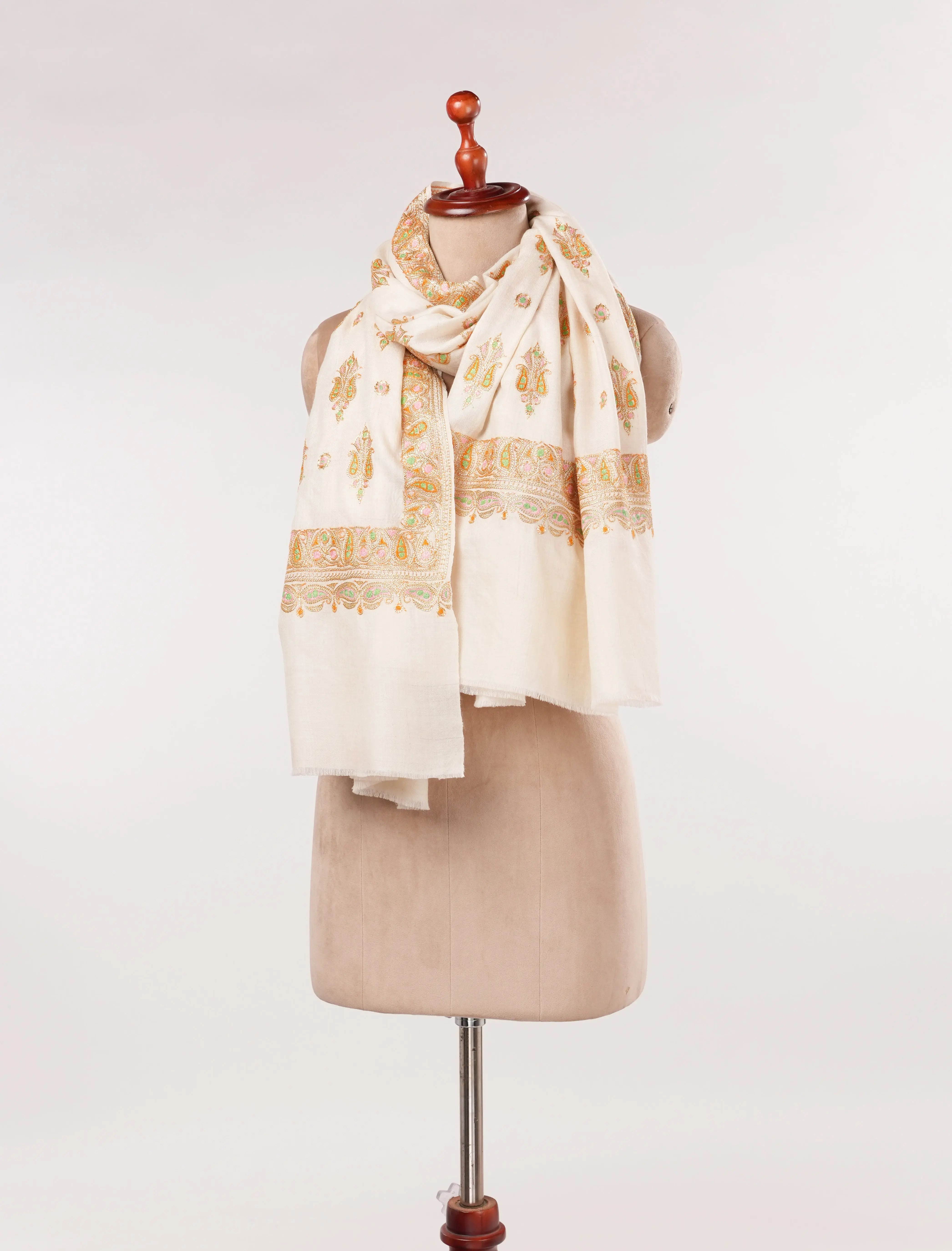 Hand Gold Tilla Buteh Embroidered Natural White Handwoven Pashmina Shawl Shahkaar.com