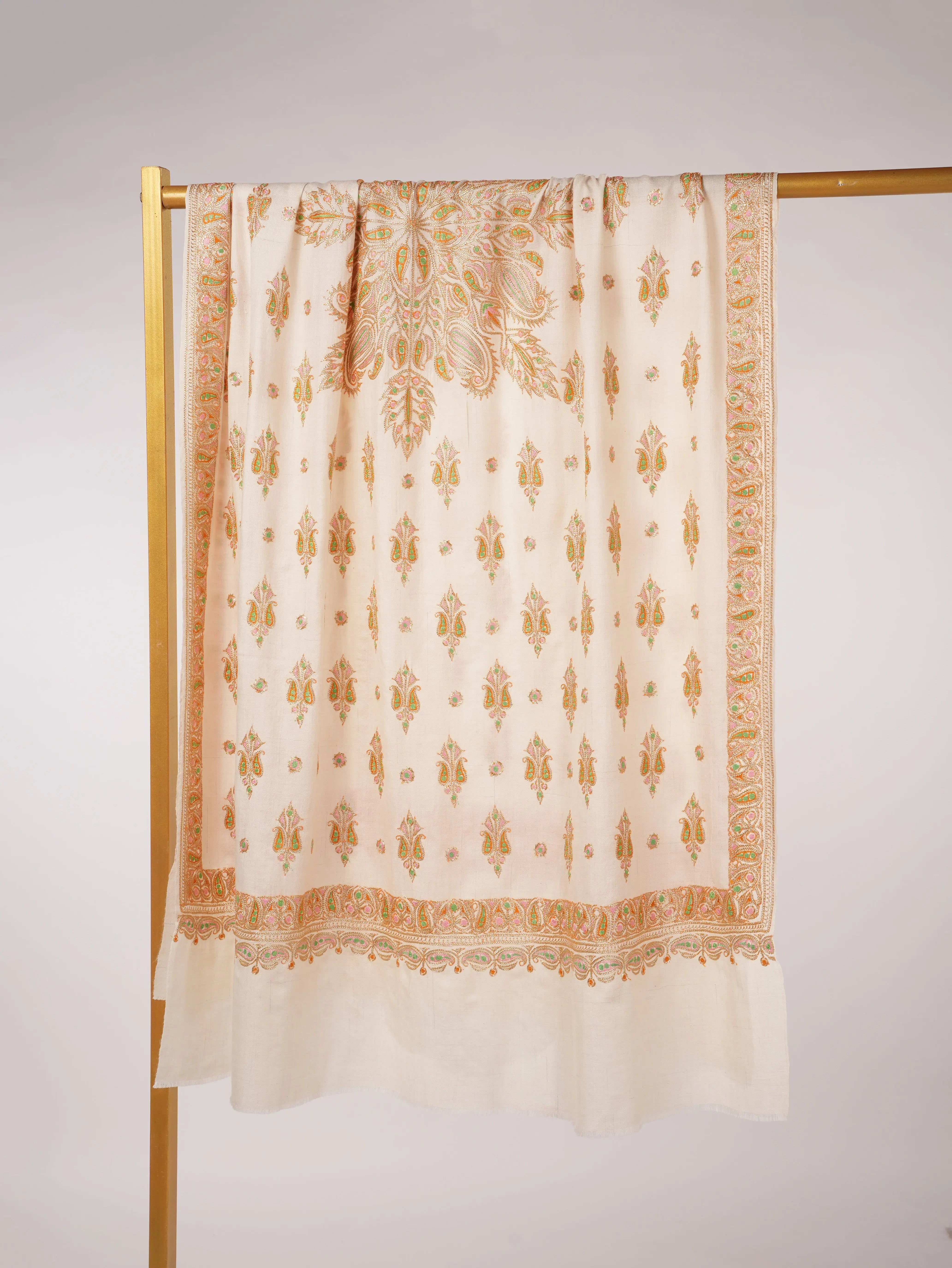 Hand Gold Tilla Buteh Embroidered Natural White Handwoven Pashmina Shawl Shahkaar.com