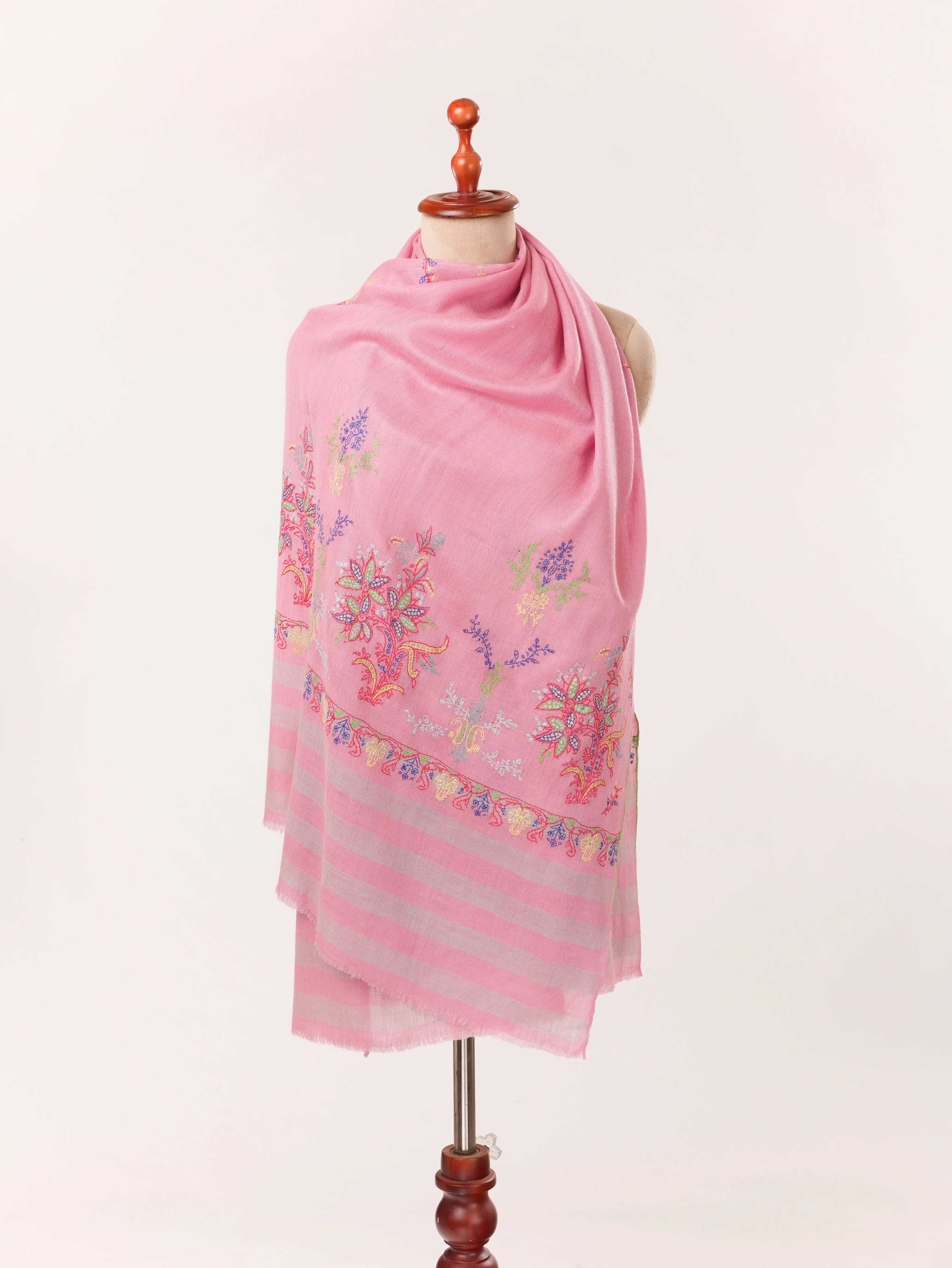 Handwoven Pink Cashmere-Scarf with Kashmiri Hand Palla Embroidery Shahkaar.com