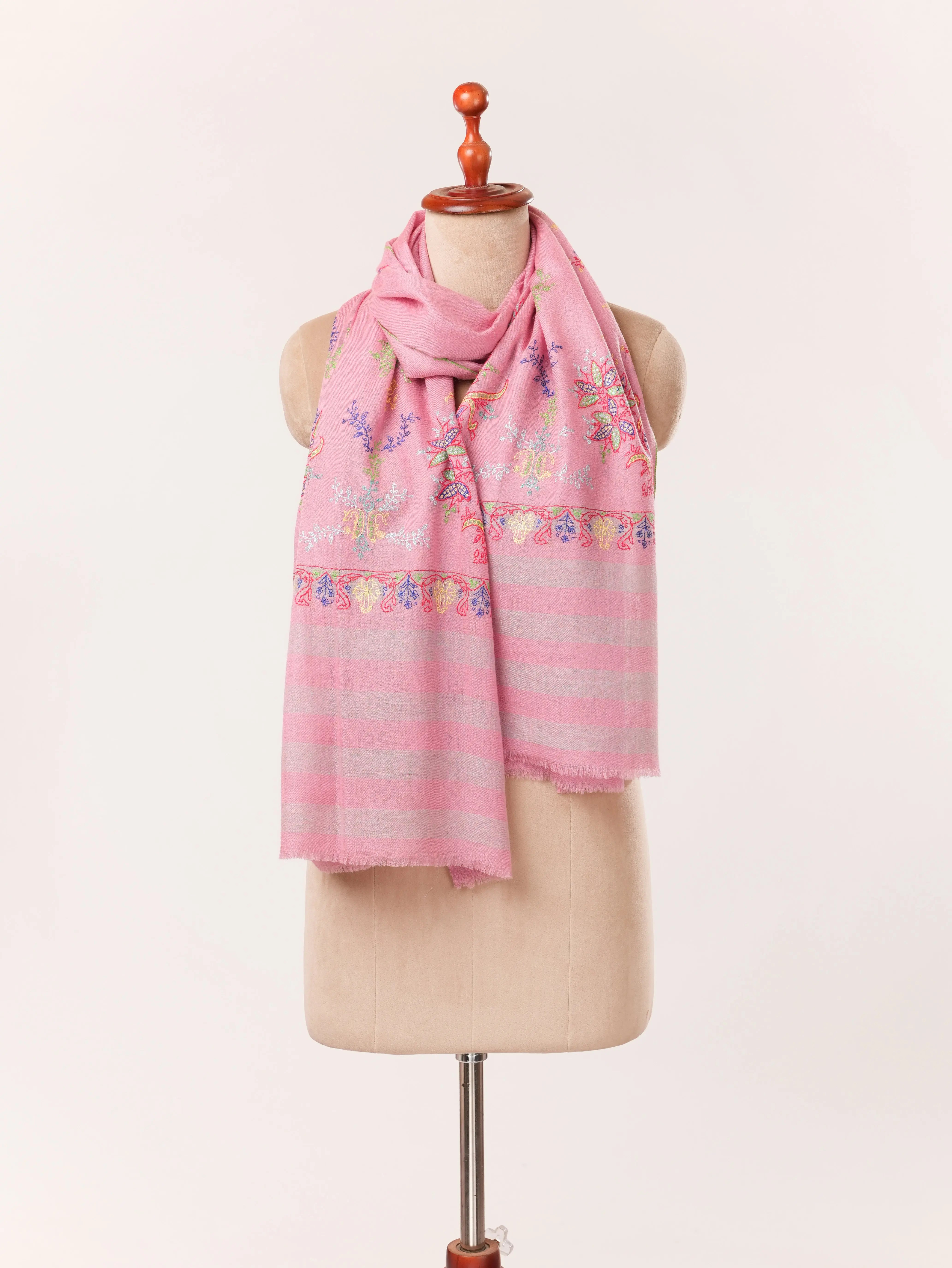 Handwoven Pink Cashmere-Scarf with Kashmiri Hand Palla Embroidery Shahkaar.com