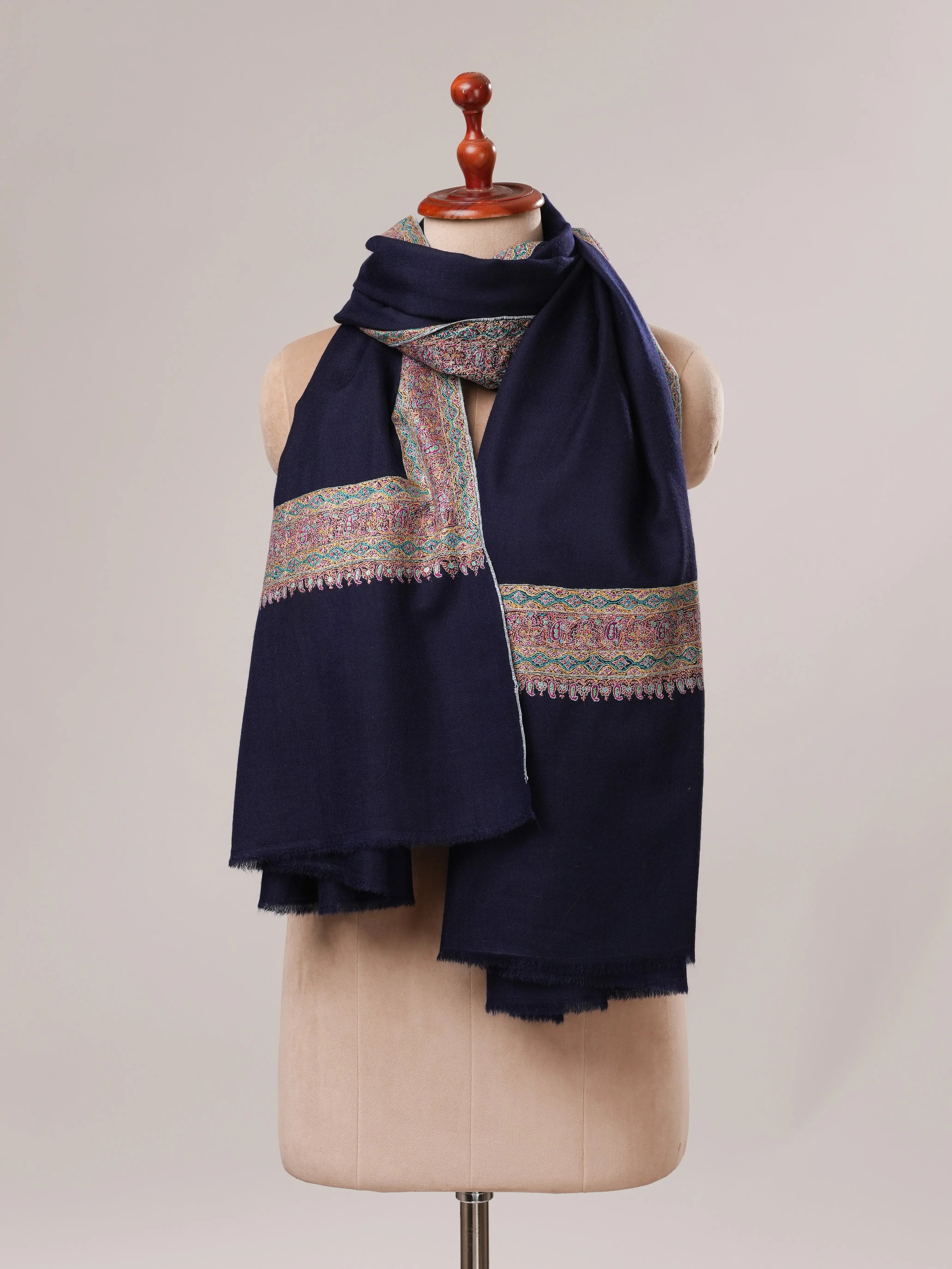 Navy Pashmina Shawl with Daurdar Fine Needle Hand Embroidery Shahkaar.com