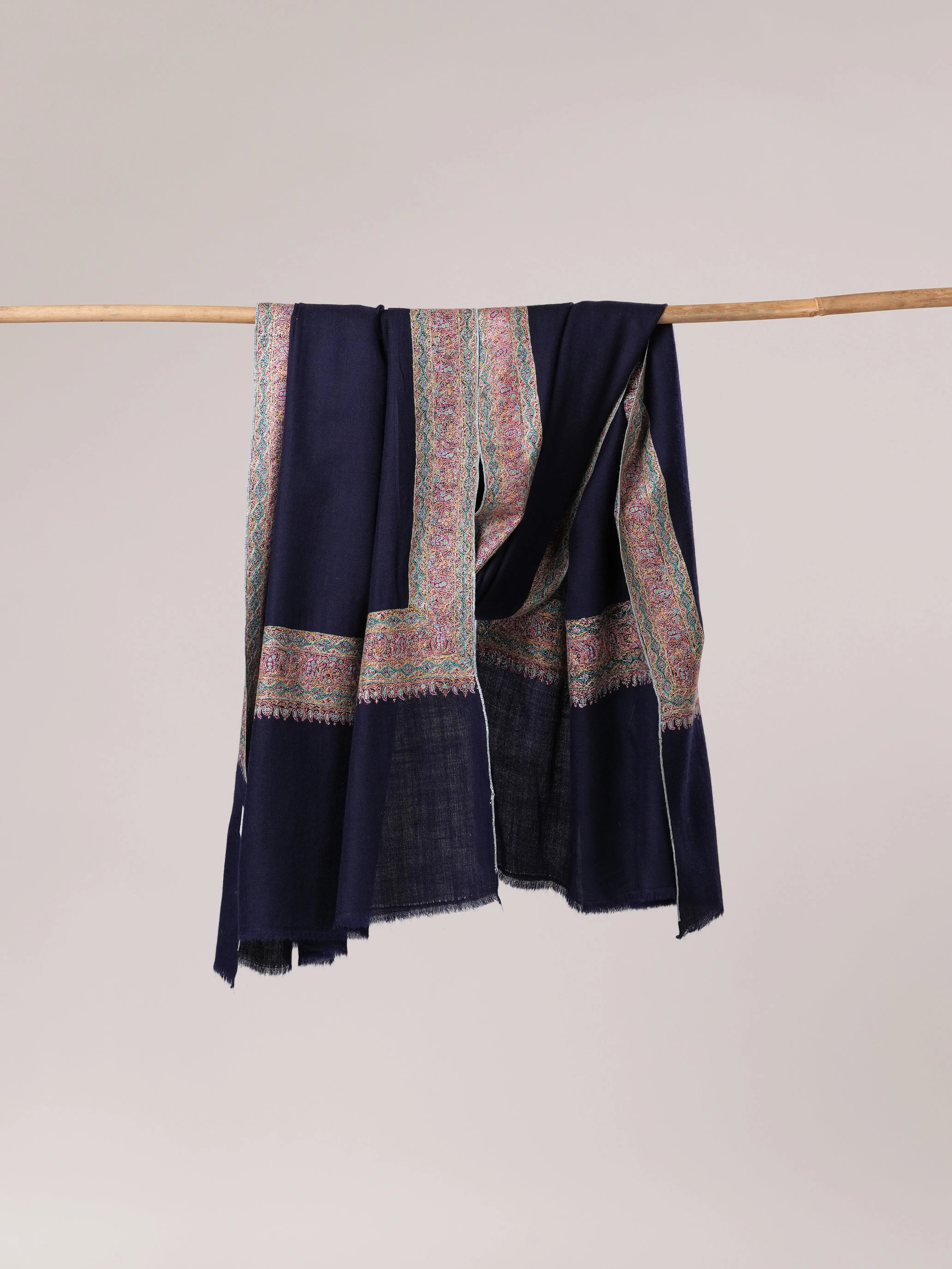 Navy Pashmina Shawl with Daurdar Fine Needle Hand Embroidery Shahkaar.com