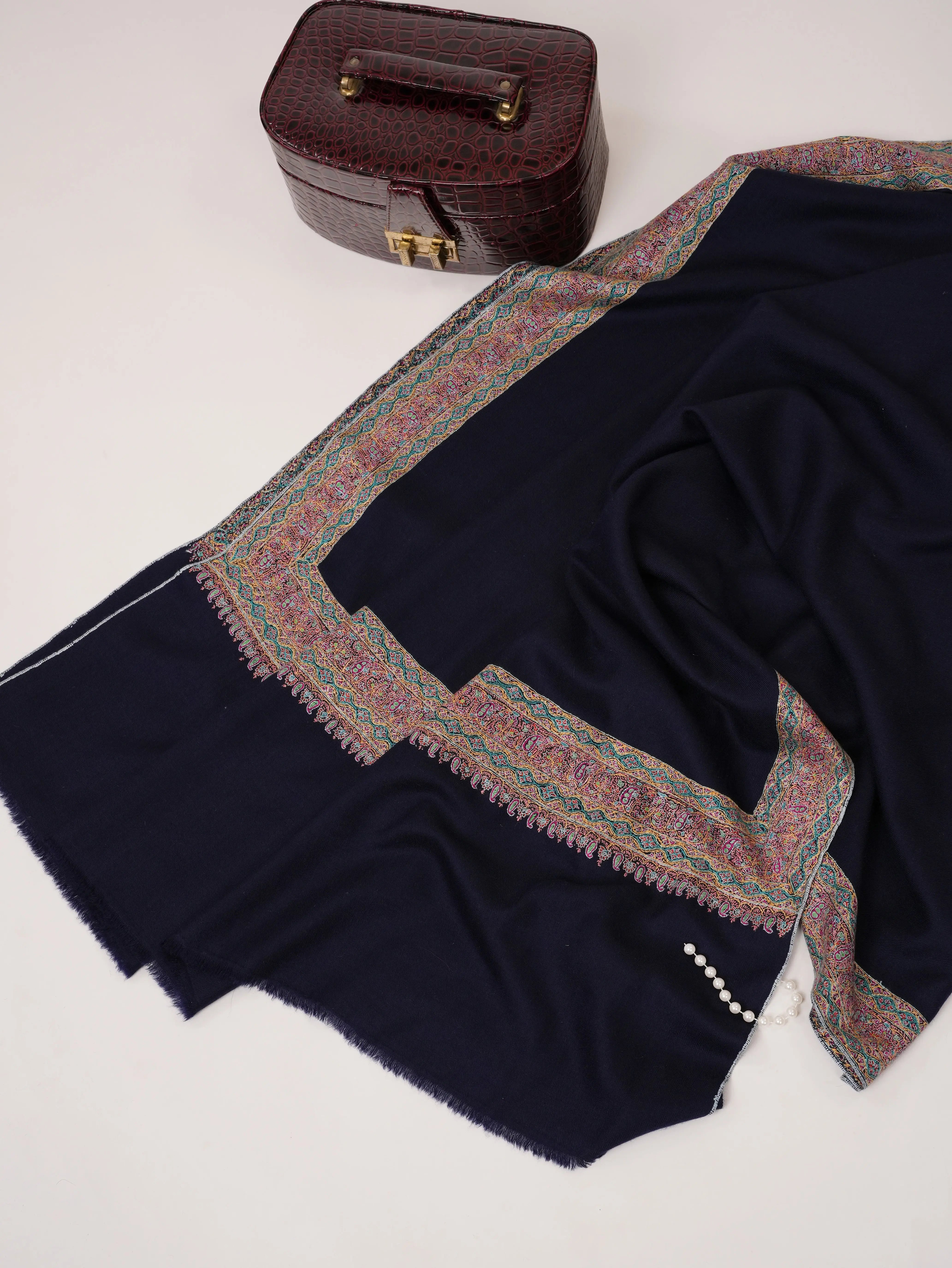 Navy Pashmina Shawl with Daurdar Fine Needle Hand Embroidery Shahkaar.com