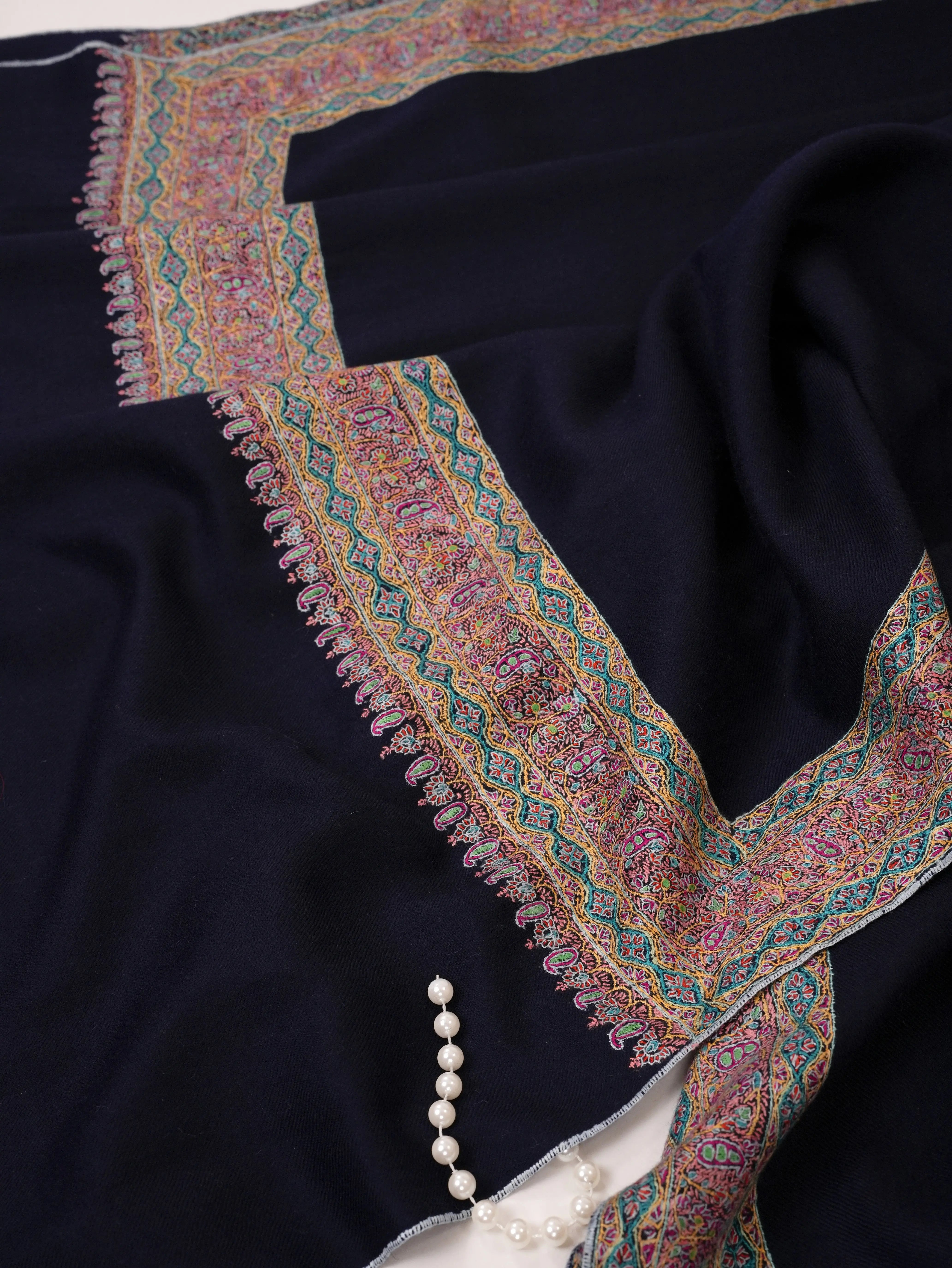 Navy Pashmina Shawl with Daurdar Fine Needle Hand Embroidery Shahkaar.com