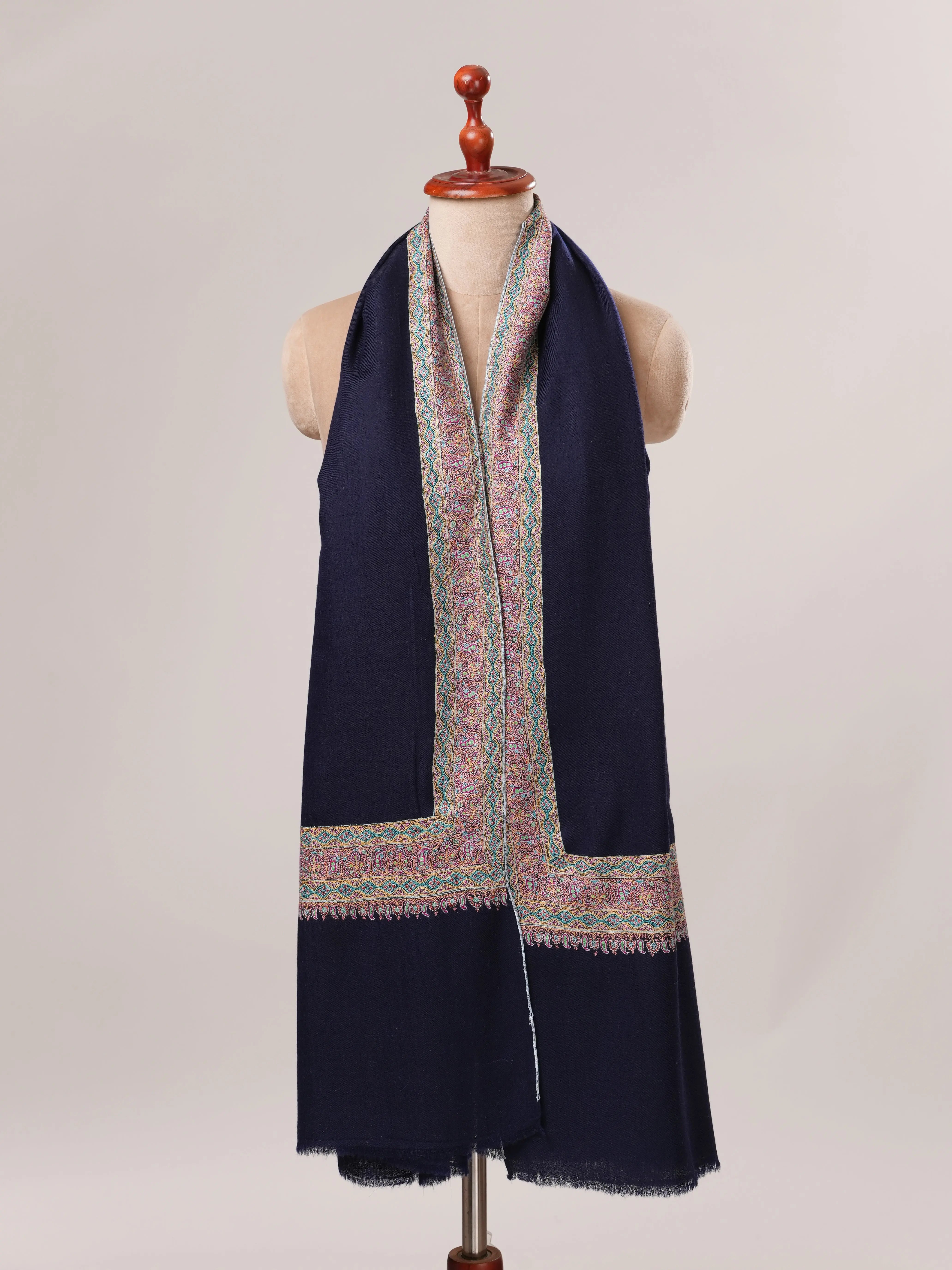 Navy Pashmina Shawl with Daurdar Fine Needle Hand Embroidery Shahkaar.com