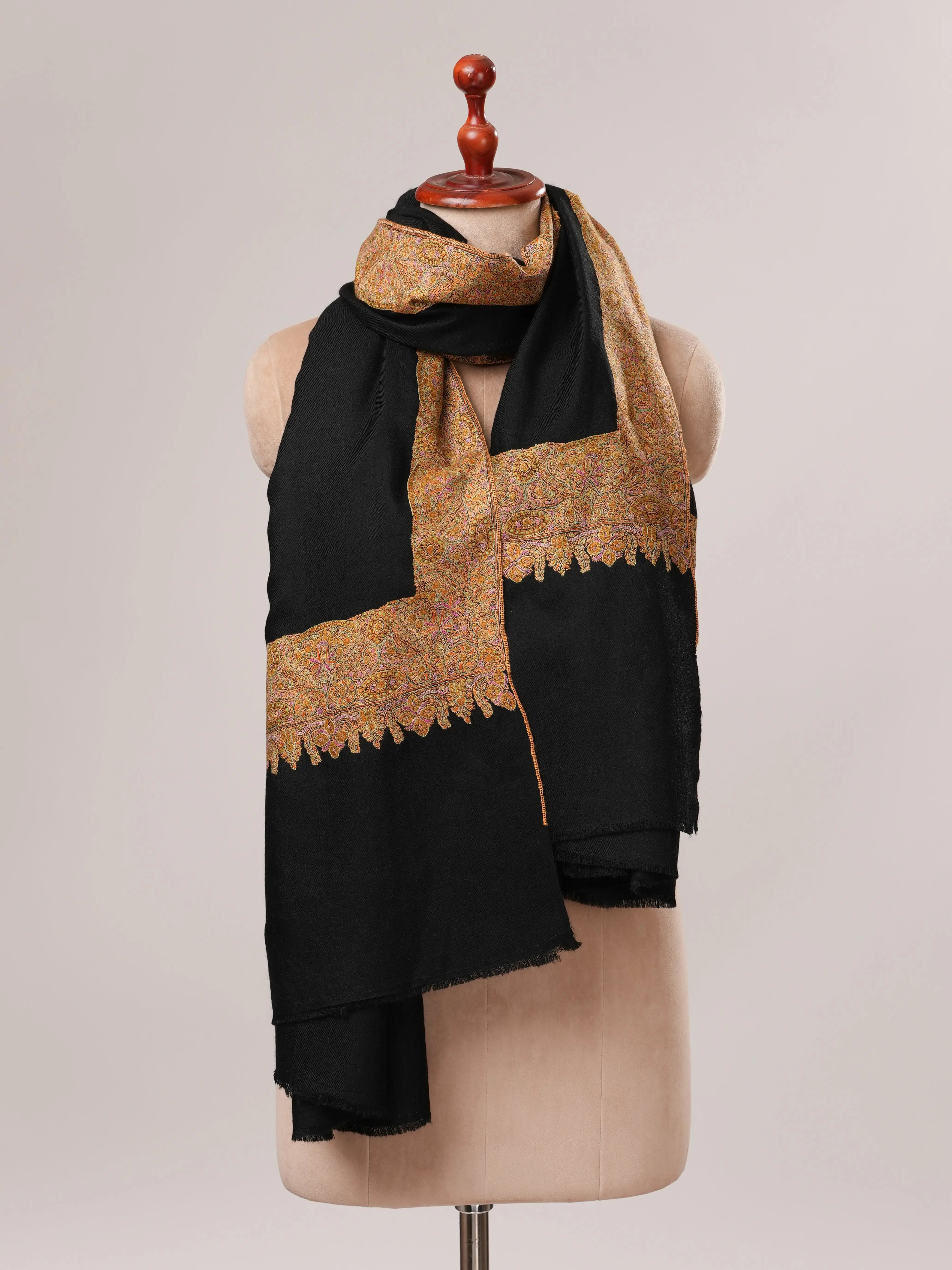 Black Pashmina Shawl with Classic Golden Daur Hand Embroidery Shahkaar.com