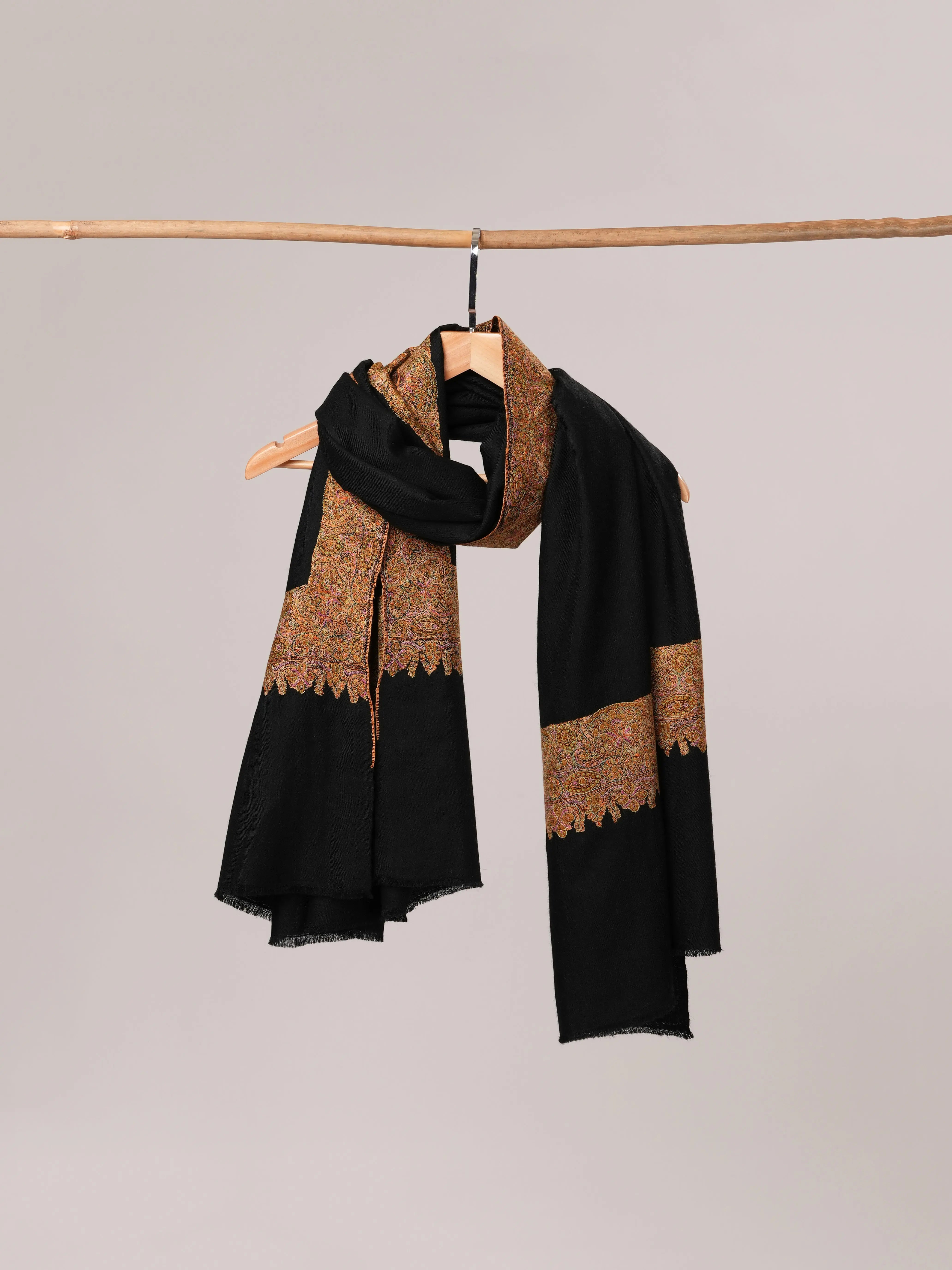 Black Pashmina Shawl with Classic Golden Daur Hand Embroidery Shahkaar.com