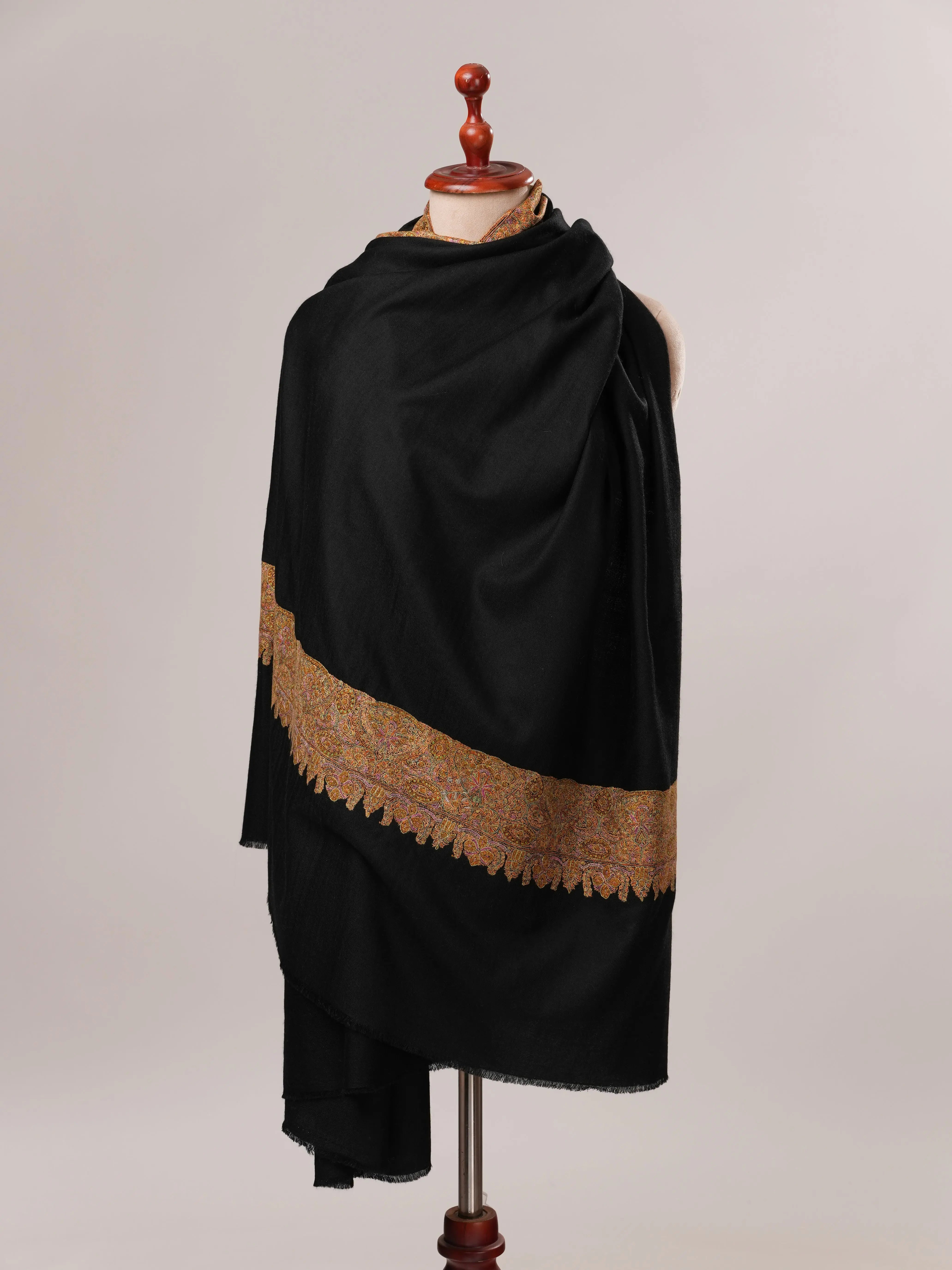 Black Pashmina Shawl with Classic Golden Daur Hand Embroidery Shahkaar.com