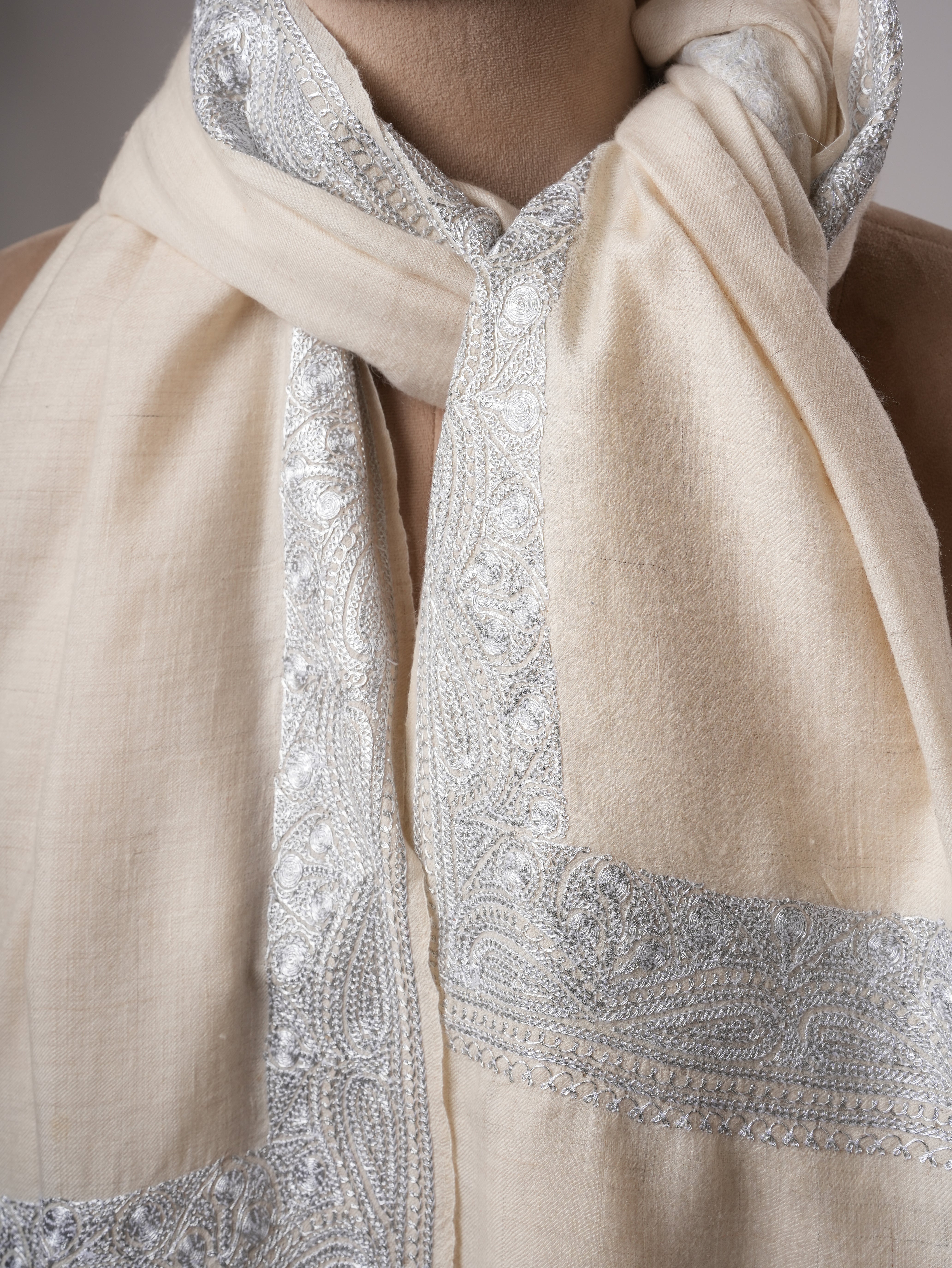 Soft Ivory Kashmiri Pashmina with Classic Silver Daurdaar Tilla Work Shahkaar
