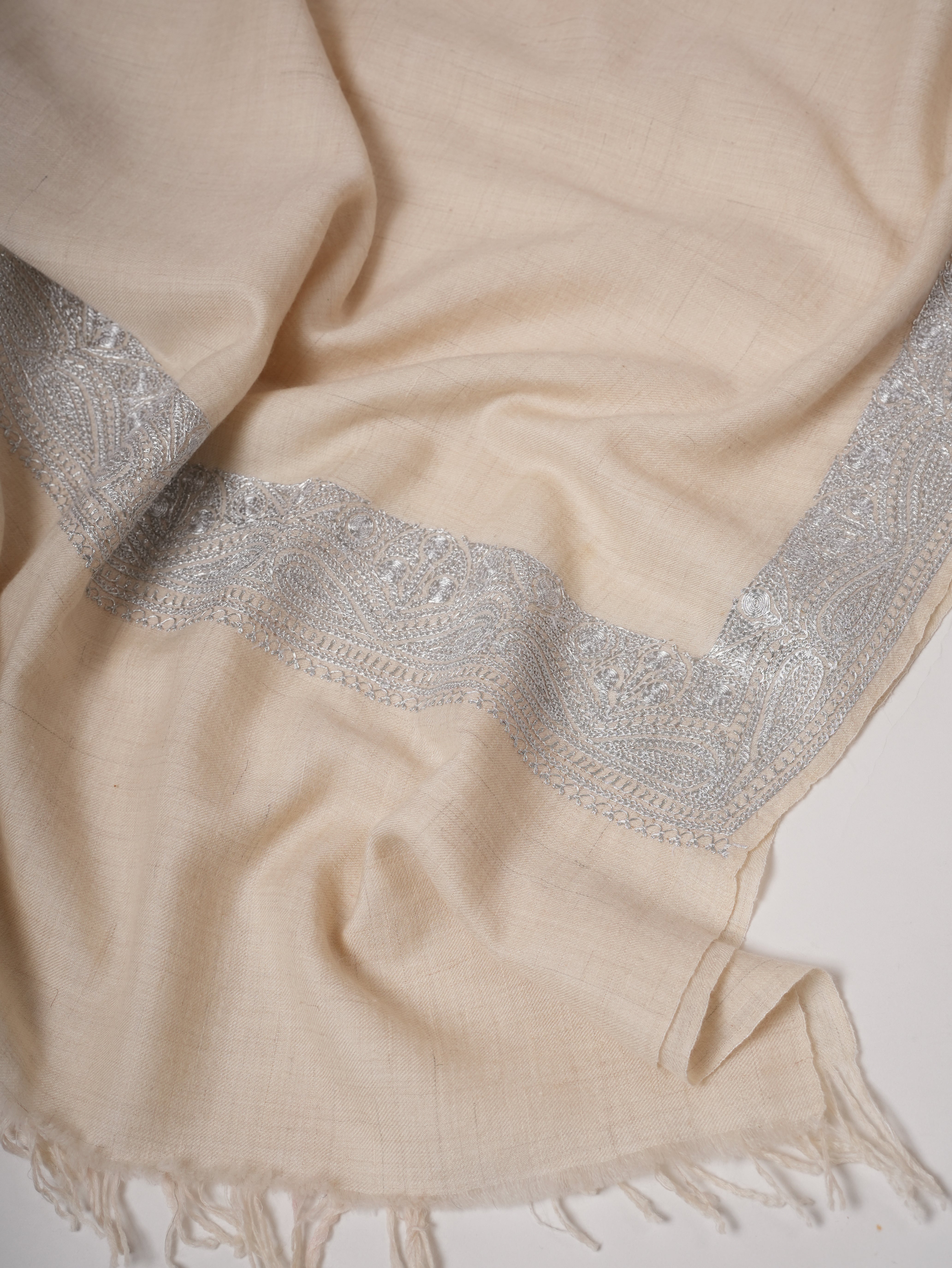 Soft Ivory Kashmiri Pashmina with Classic Silver Daurdaar Tilla Work Shahkaar